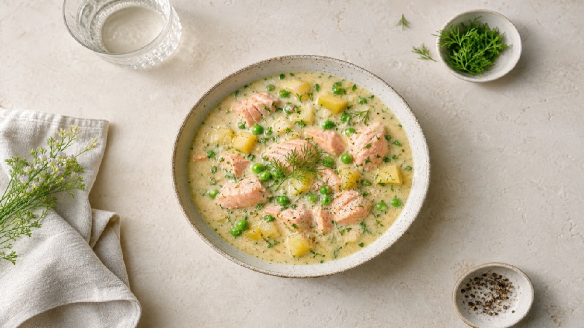 Cremiger Wildlachs-Eintopf mit Erbsen und Kartoffeln