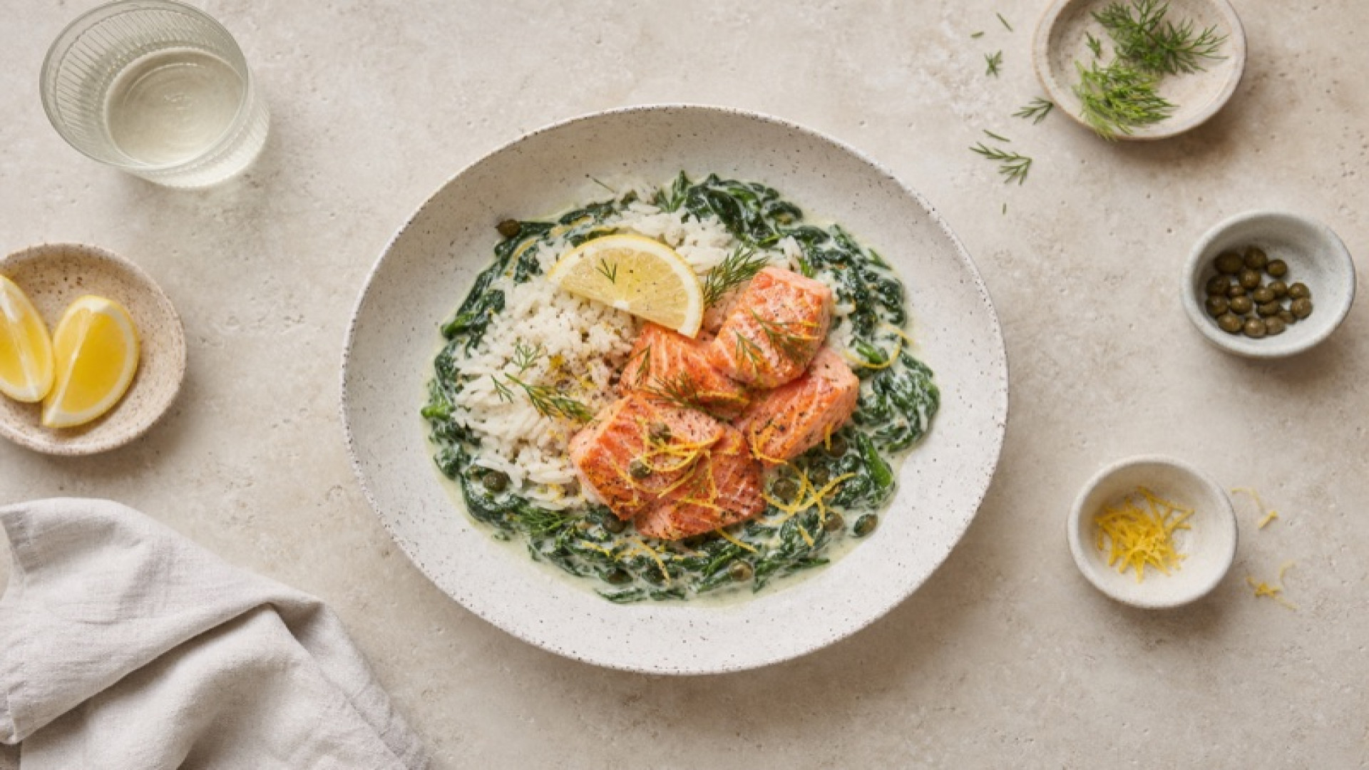 Cremiger Wildlachs-Spinat-Bowl mit Zitrone