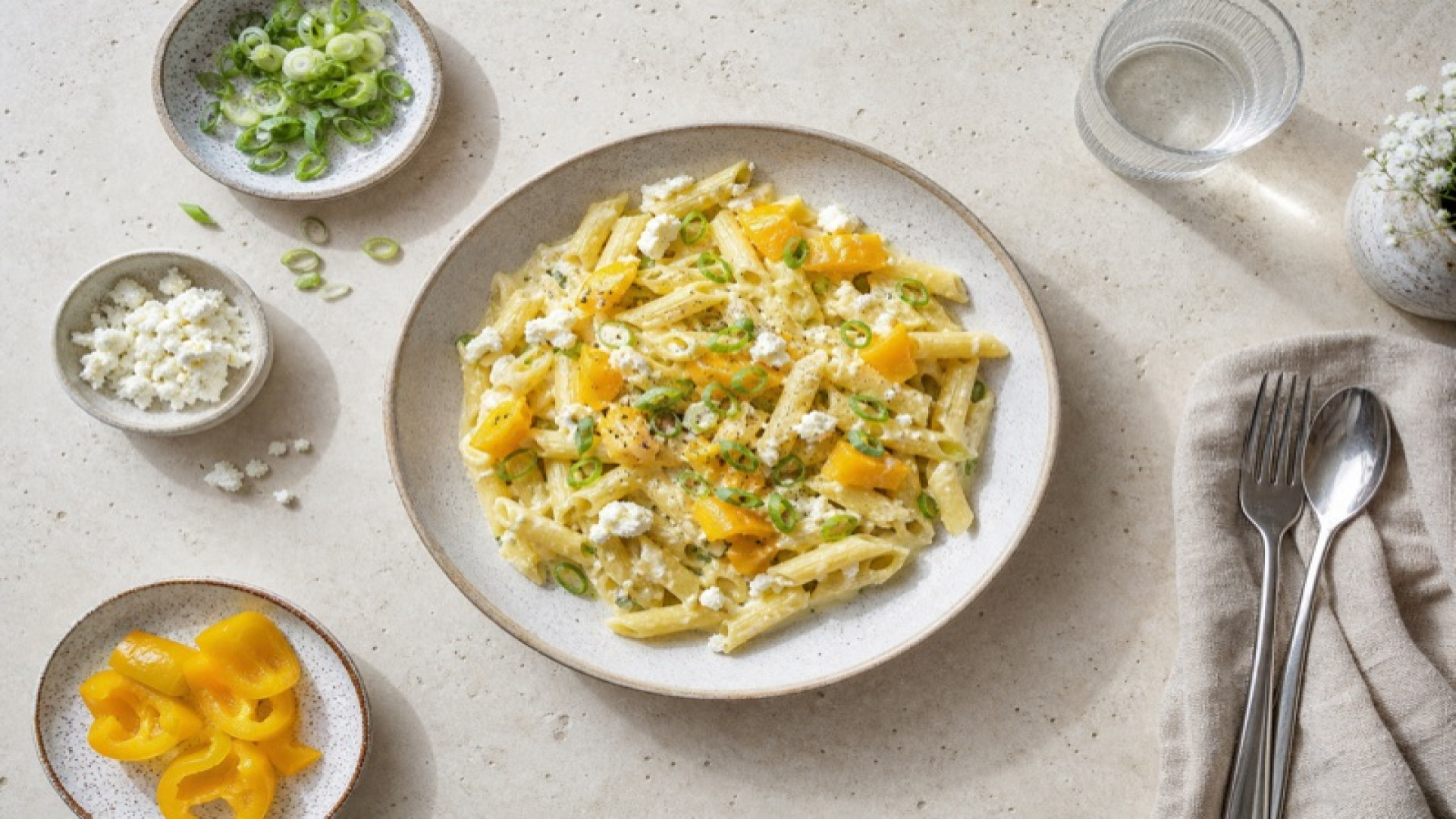 Cremige Schafskäse-Pasta mit gelbem Paprika und Frühlingszwiebeln