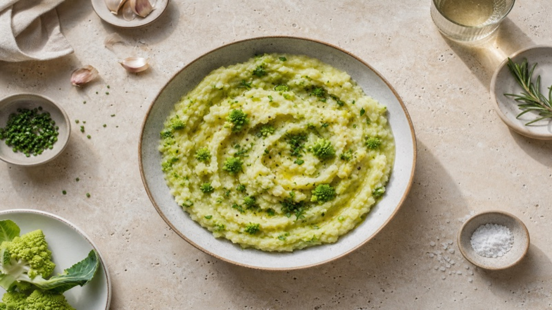 Cremiges Kartoffel-Romanesco-Stampf mit Knoblauch