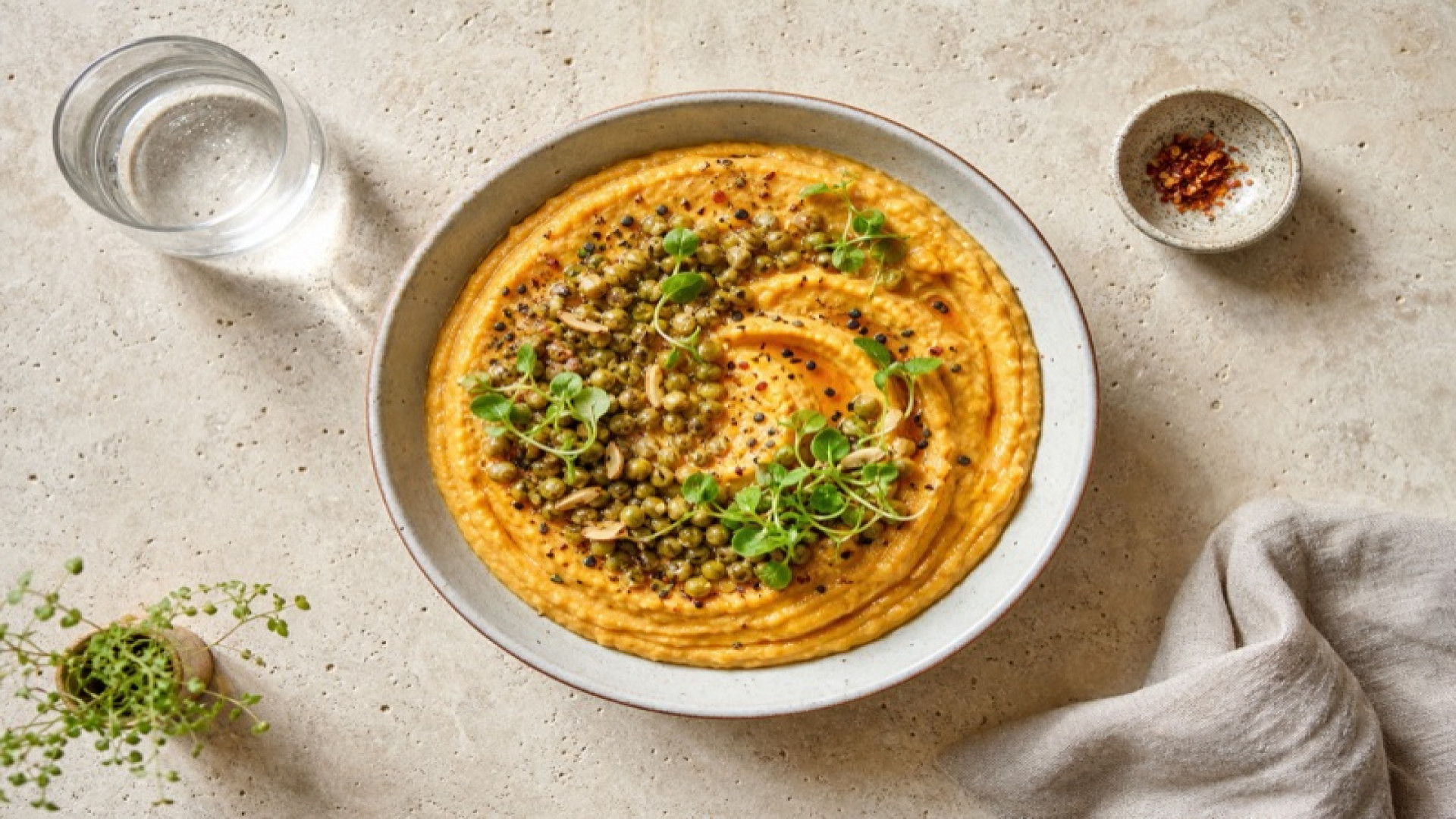 Cremige Süßkartoffel-Sojacreme-Bowl mit Mungbohnen