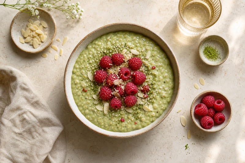 Cremiges Matcha-Porridge mit Himbeeren