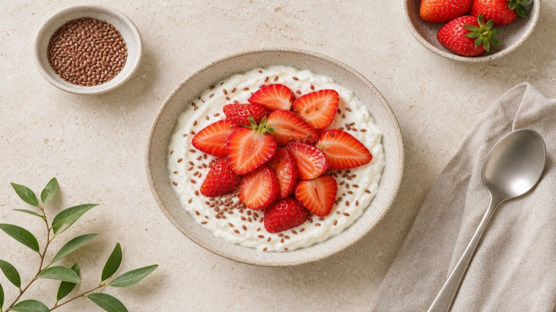 Cremige Speisequark-Bowl mit Erdbeeren und Leinsamen