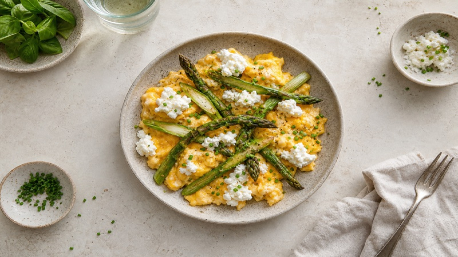 Cremiges Rührei mit gebratenem Spargel und Ricotta