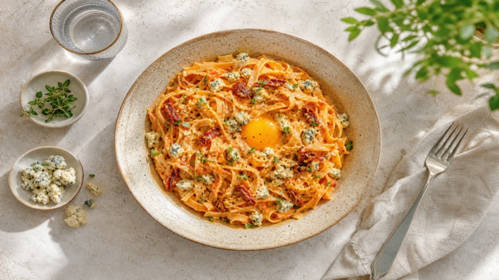 Cremige Tomaten-Pasta mit Gorgonzola und Ei