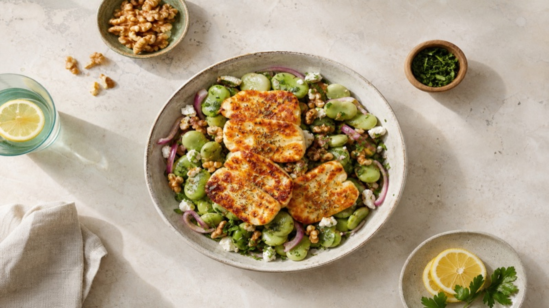 Dicke-Bohnen-Salat mit gebratenem Halloumi