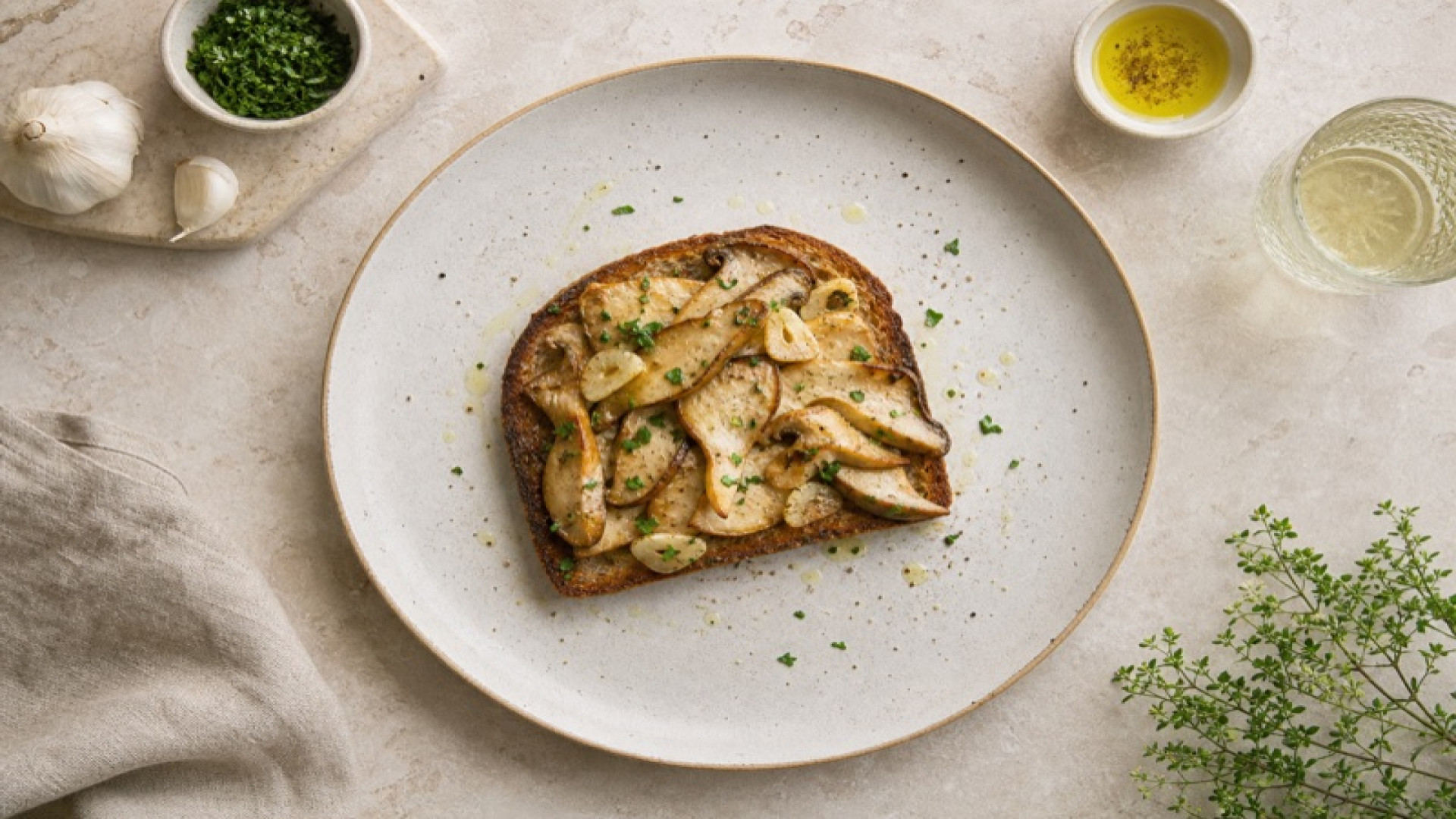 Dinkelbrot-Röstscheibe mit Austernpilzen und Knoblauch