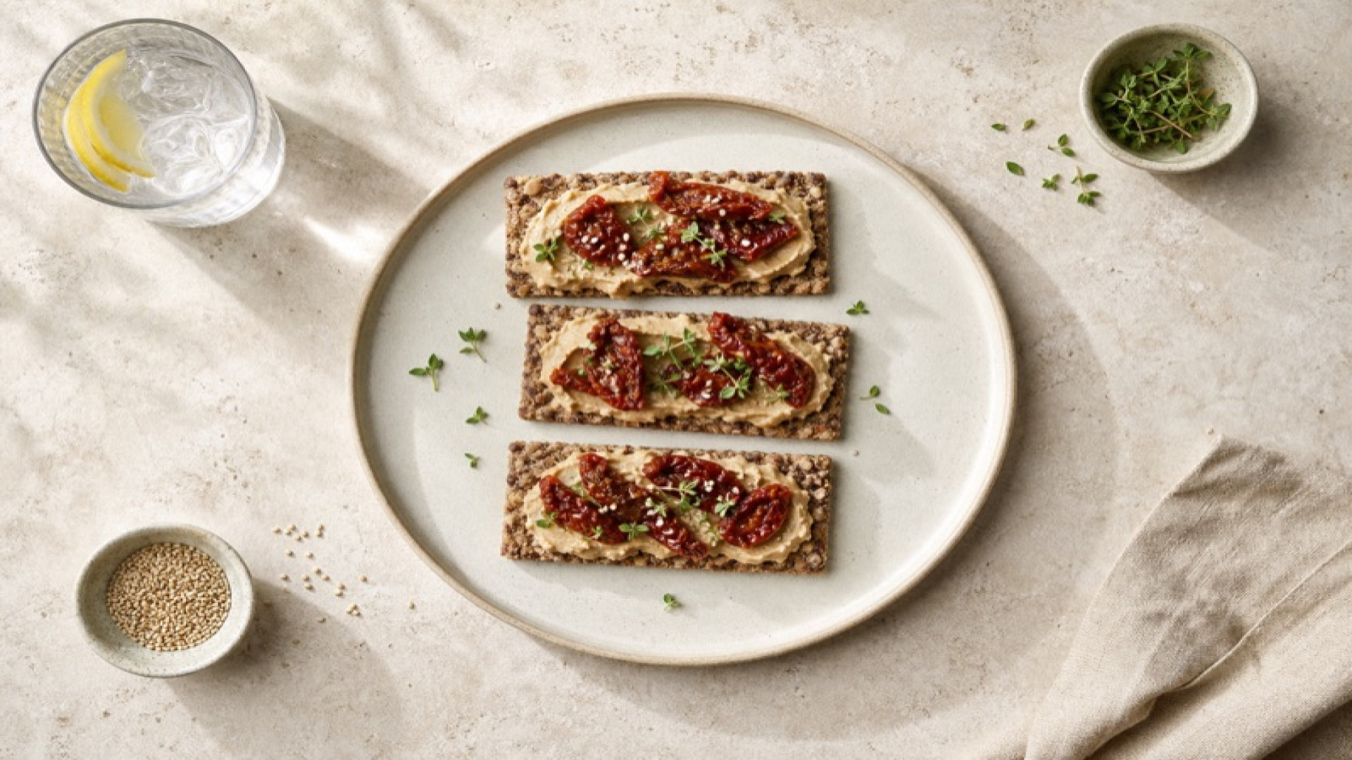 Dinkelvollkornknäckebrot mit Tahin und getrockneten Tomaten