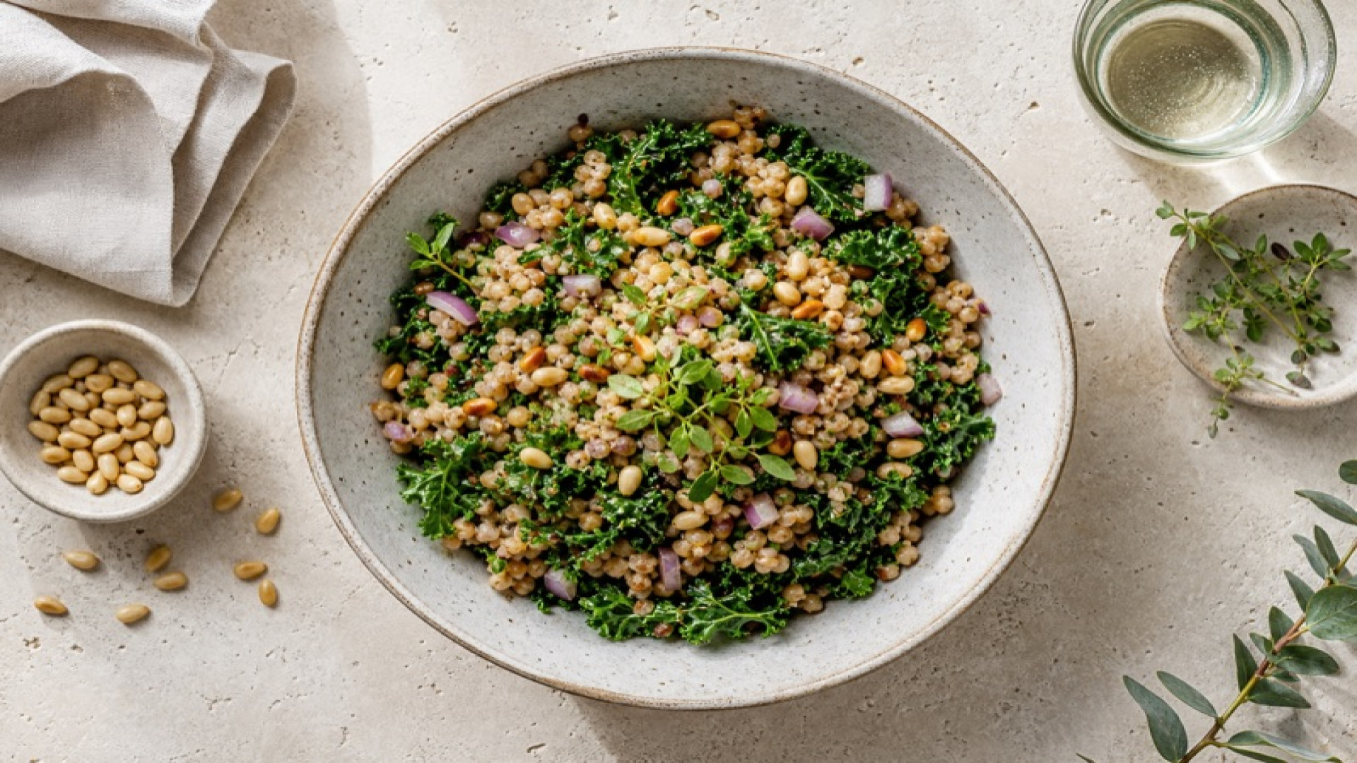 Dinkel-Vollkornschrot-Bowl mit Grünkohl und Pinienkernen