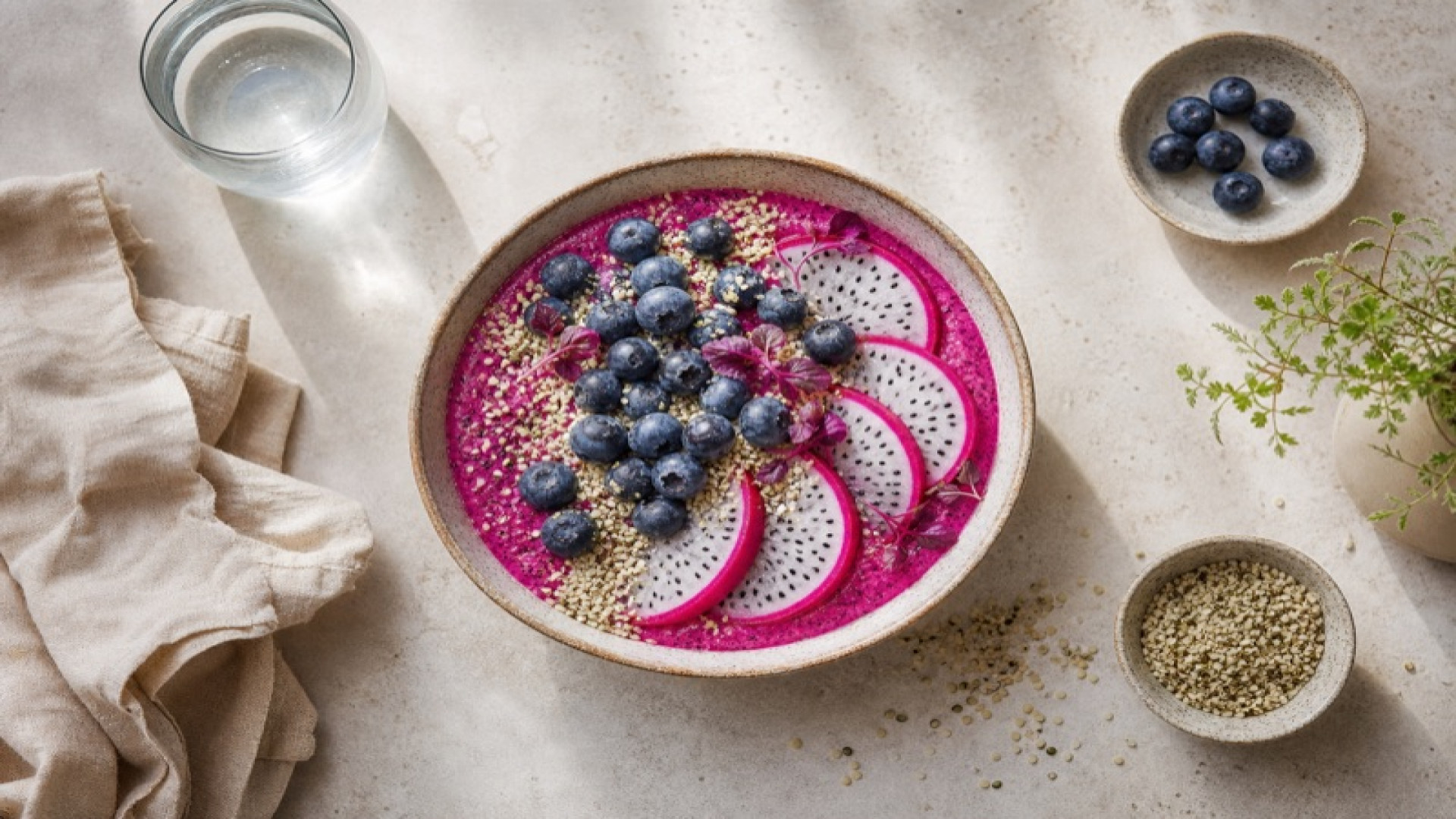 Drachenfrucht-Bowl mit Hanfsamen und Heidelbeeren