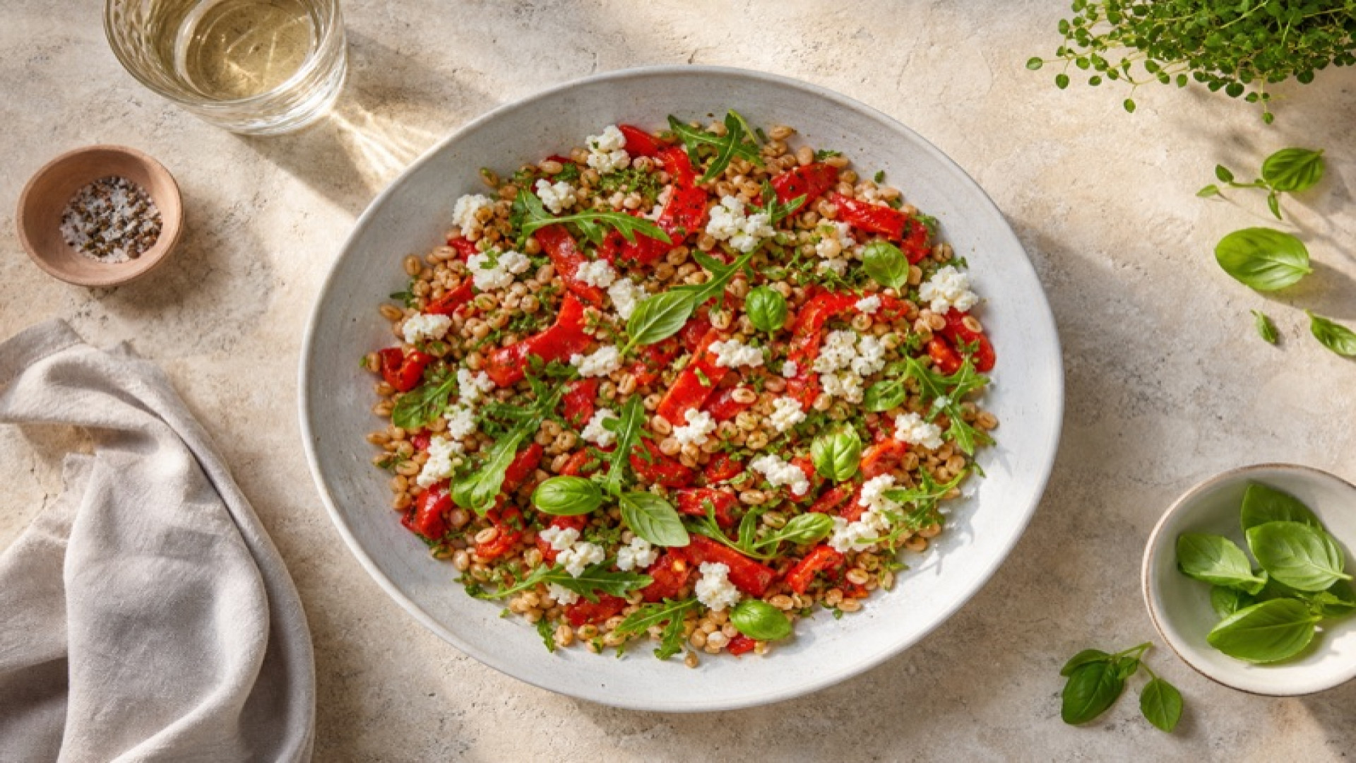 Einkorn-Salat mit geschmorter roter Paprika und Schafskäse