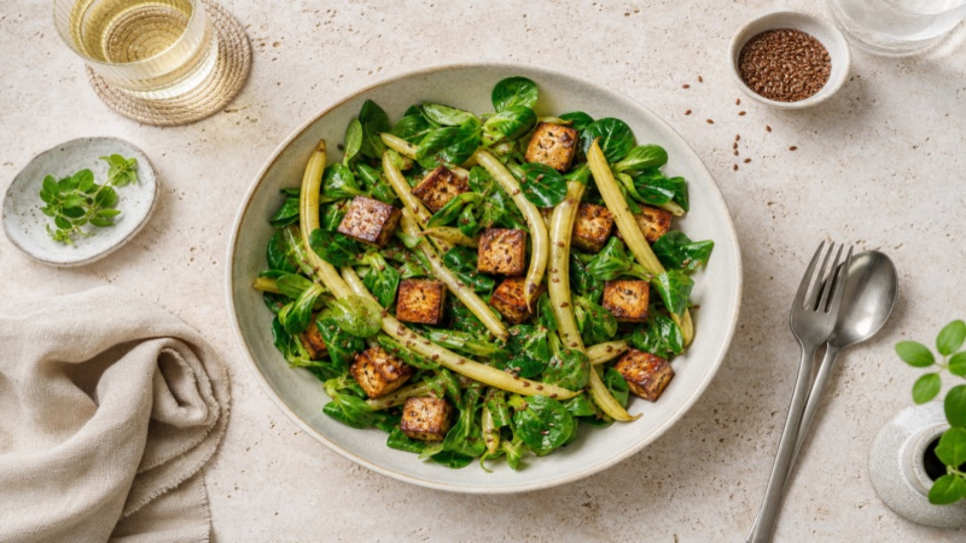 Feldsalat mit Räuchertofu, Wachsbohnen und Leinsamen