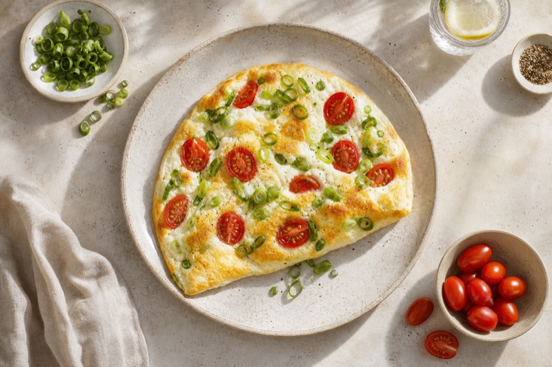Fluffiges Eiweiss-Omelett mit Frühlingszwiebeln und Datteltomaten