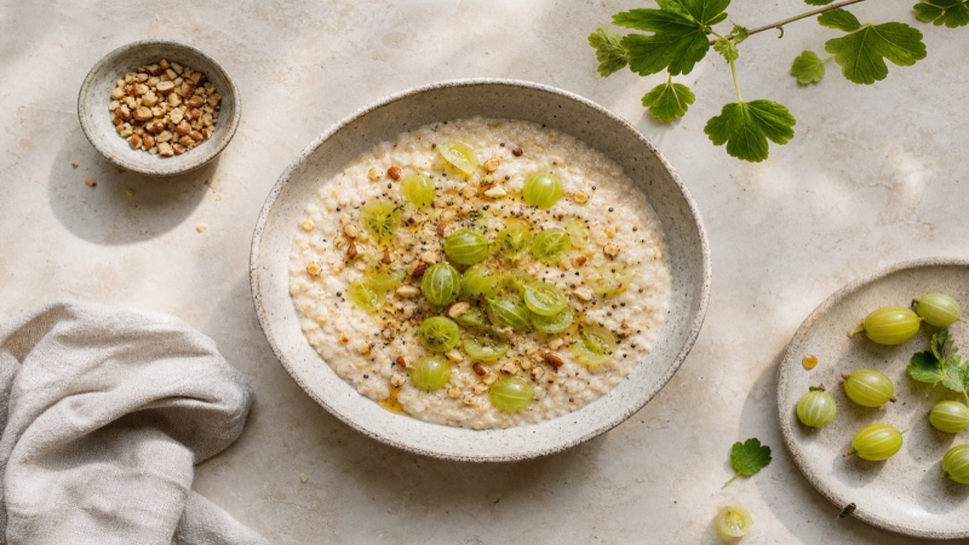Fluffiges Emmerflocken-Porridge mit Stachelbeeren