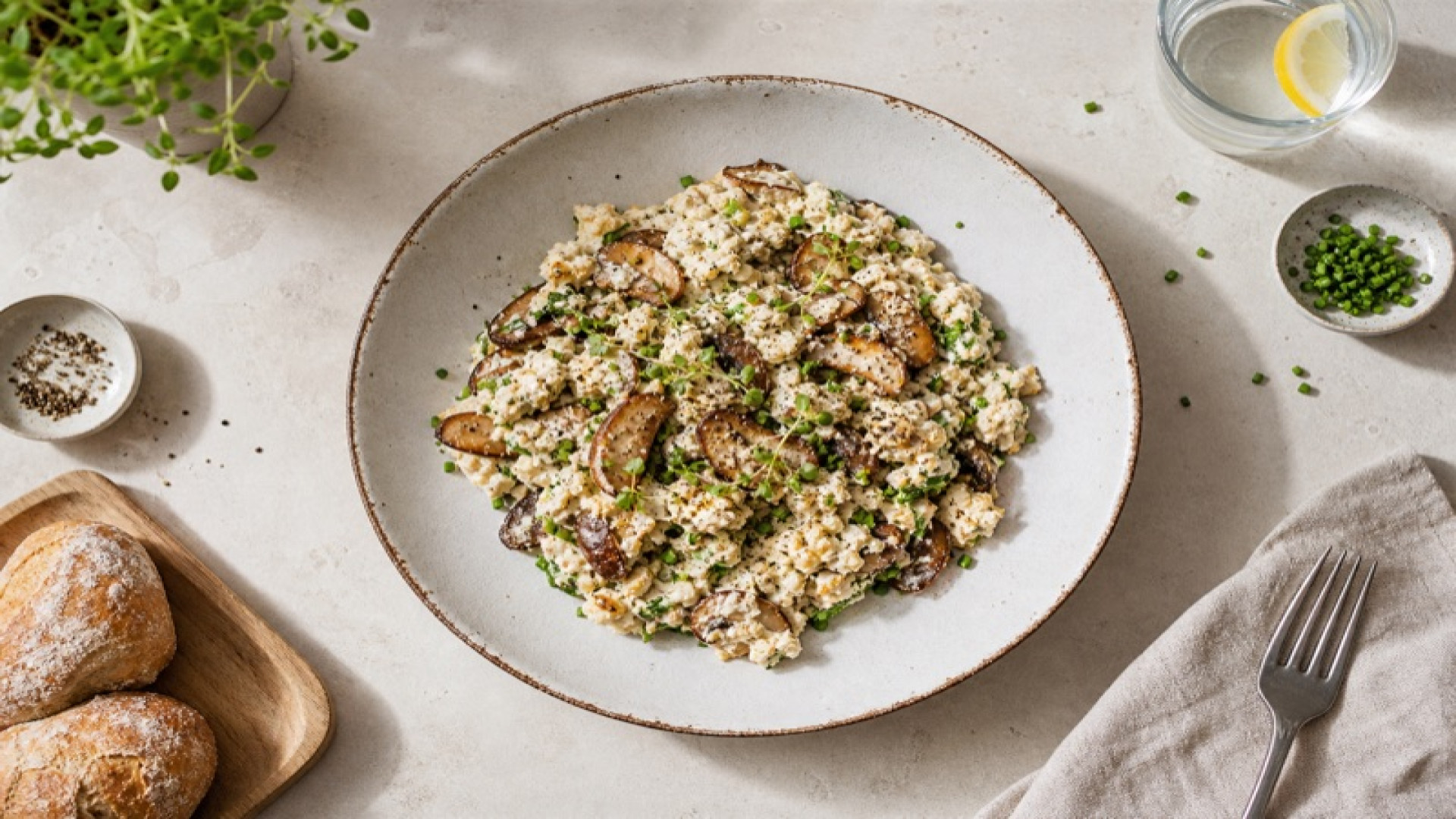 Fluffige Steinpilz-Quark-Pfanne mit Dinkelbrötchen