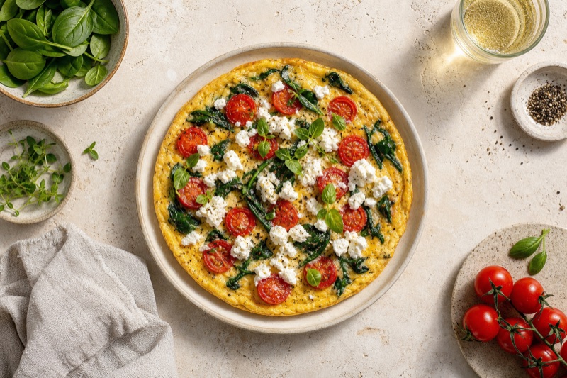 Fluffiges Tomaten-Spinat-Omelett mit Schafskäse