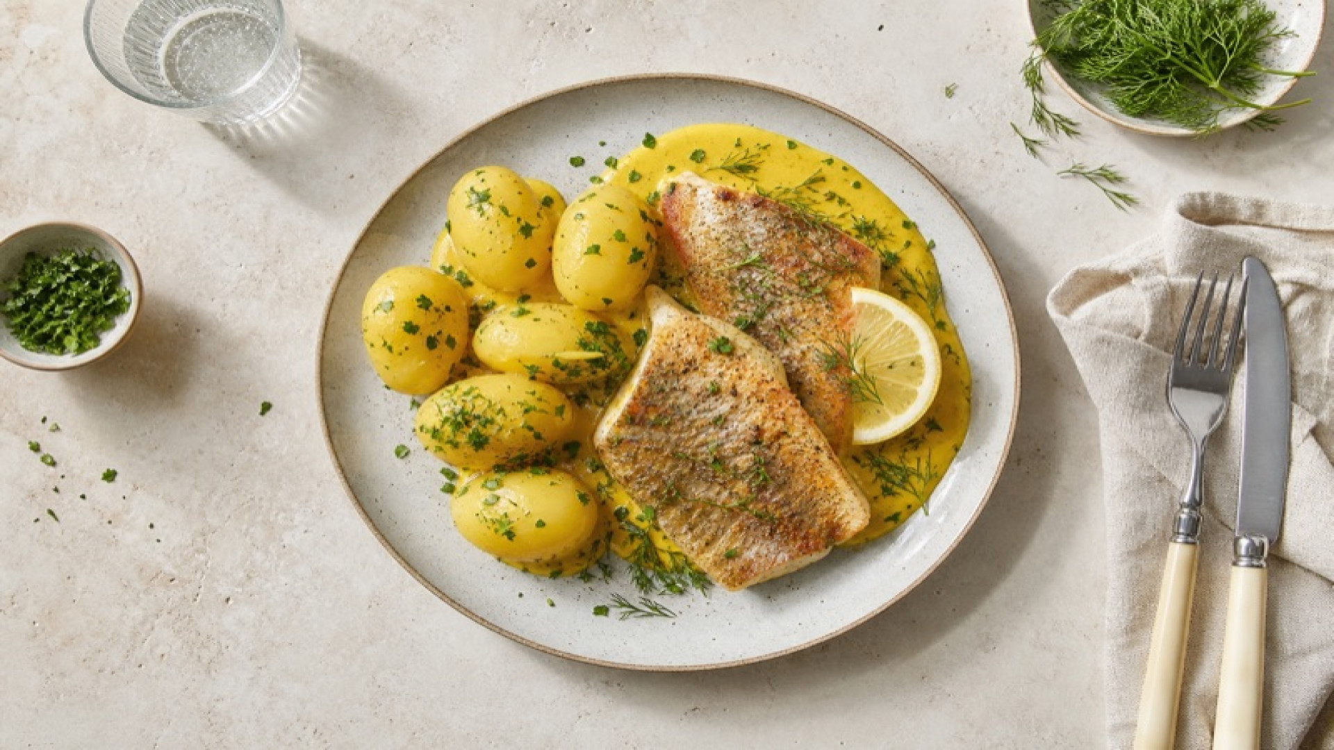 Forellen-Kartoffel-Teller mit gelber Currycreme