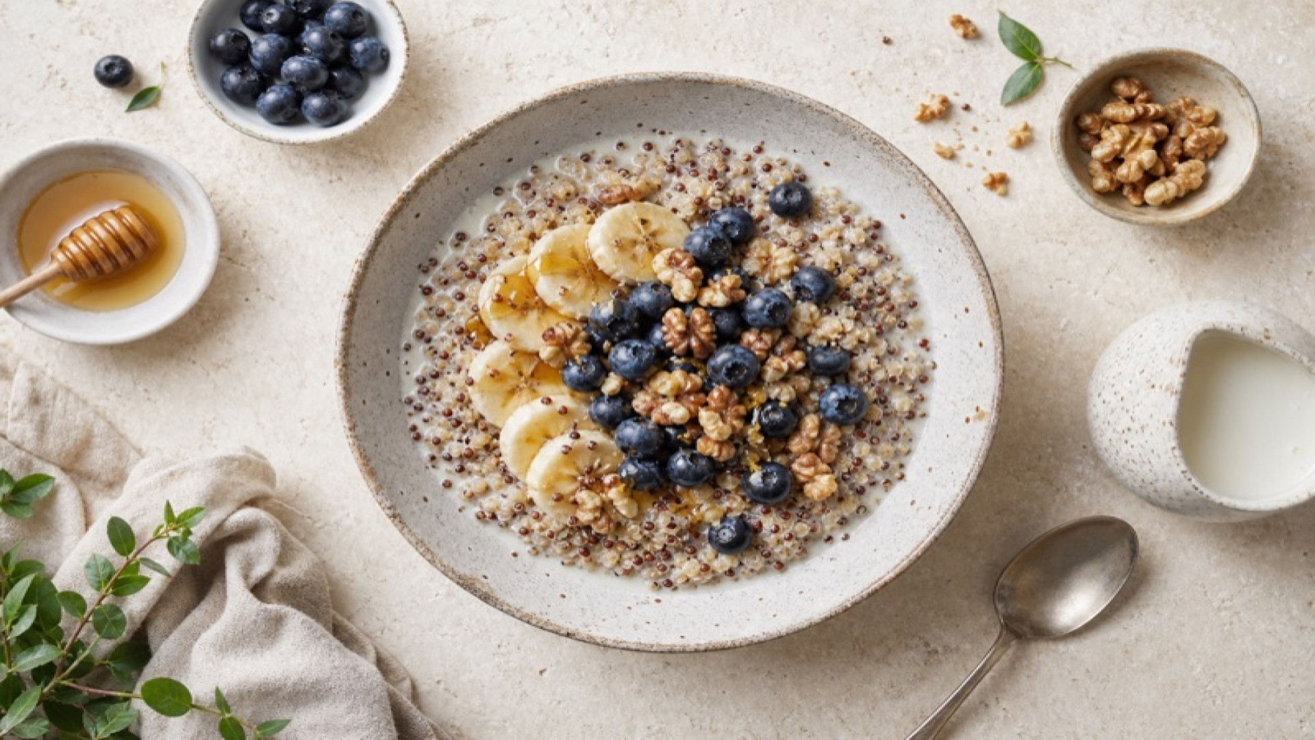 Frühstücksquinoa mit Nussmilch und Blaubeeren