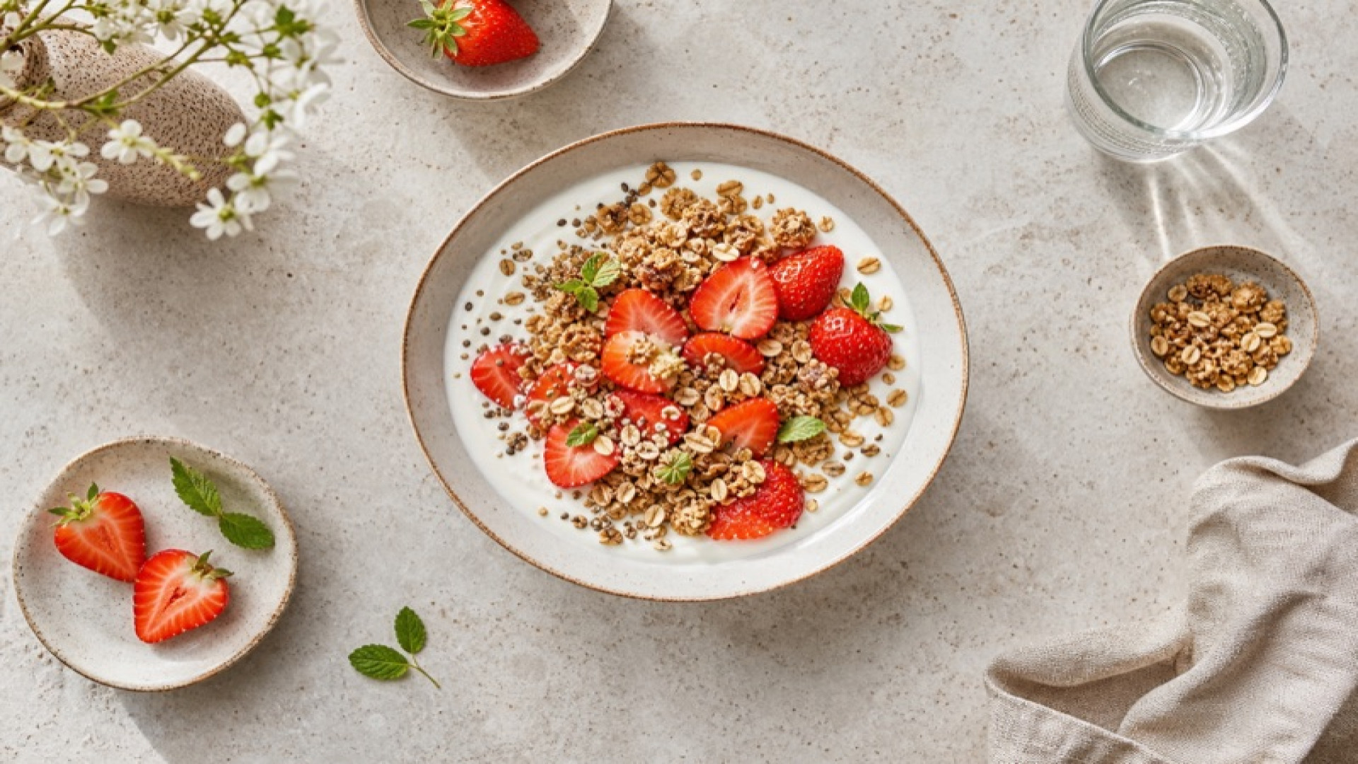 Frischer Joghurt-Bowl mit Erdbeeren und Haferflocken-Crunch