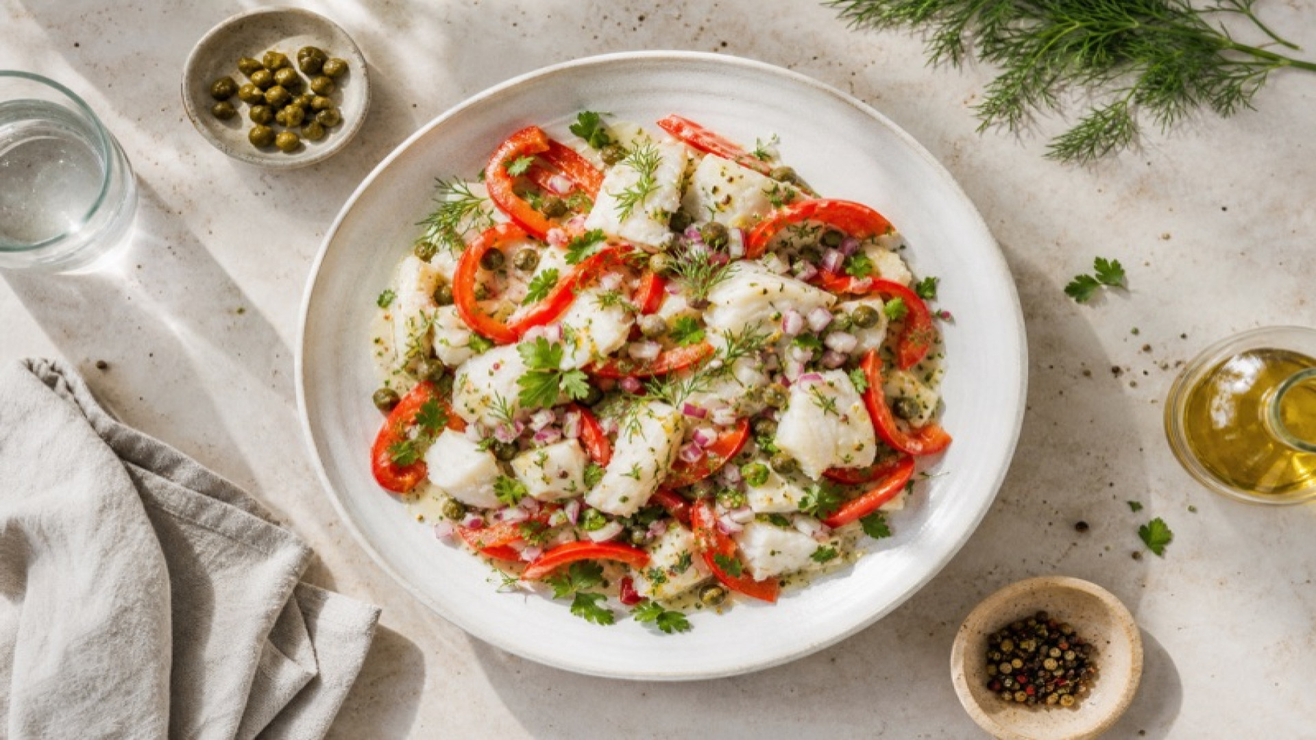 Frischer Schellfisch-Salat mit Spitzpaprika und Kapern-Senf-Dressing