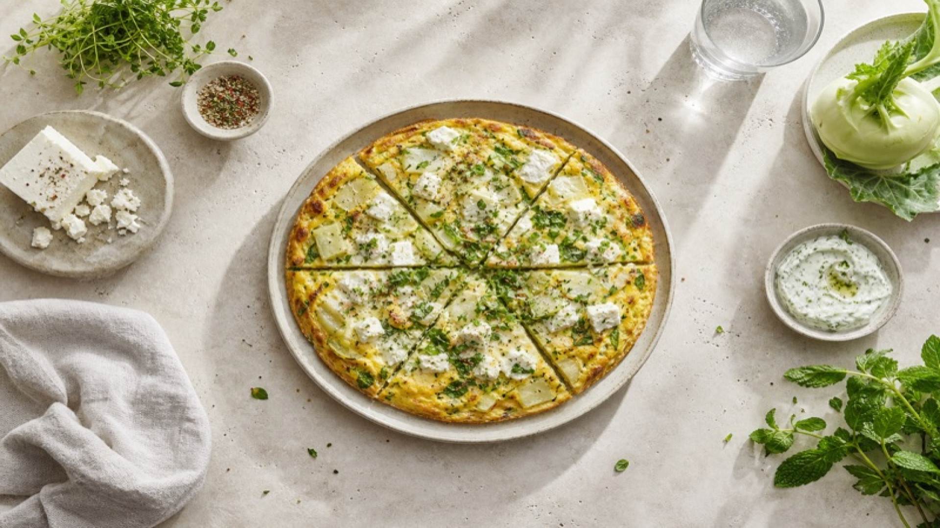 Frittata mit Kohlrabi, Schafskäse und Kräuterfrischkäse