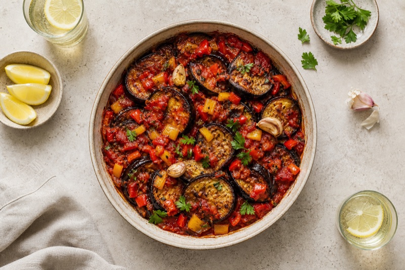 Gebackene Aubergine mit Tomaten, Knoblauch und Paprika