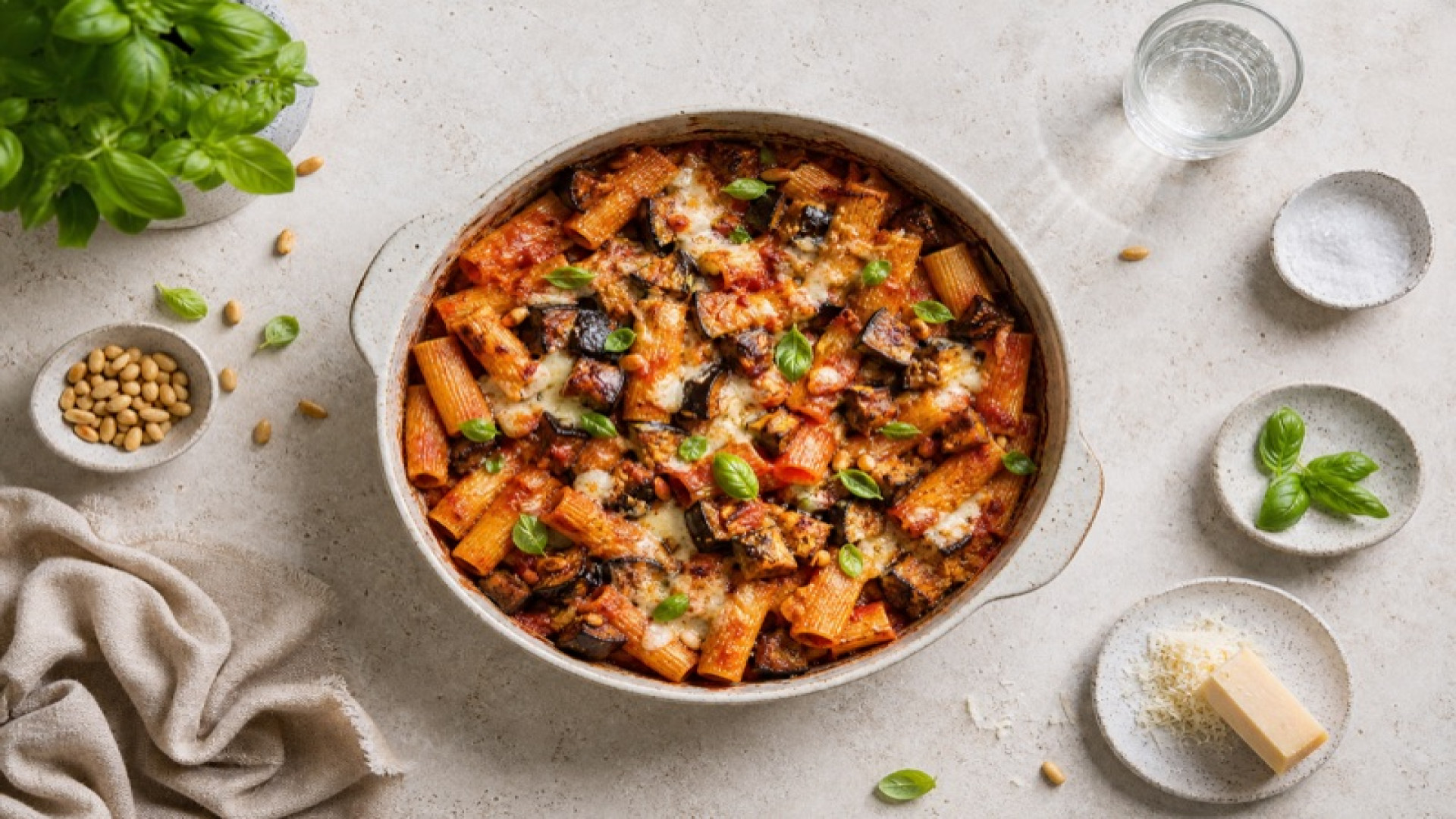 Gebackene Auberginen-Dinkelrigatoni aus dem Ofen
