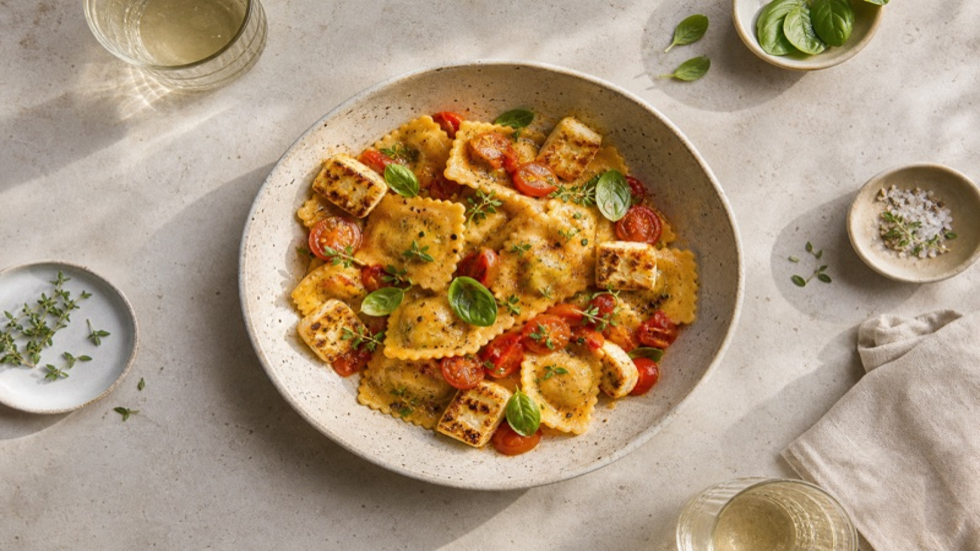Gebackene Gemüse-Ravioli mit Halloumi und Tomaten