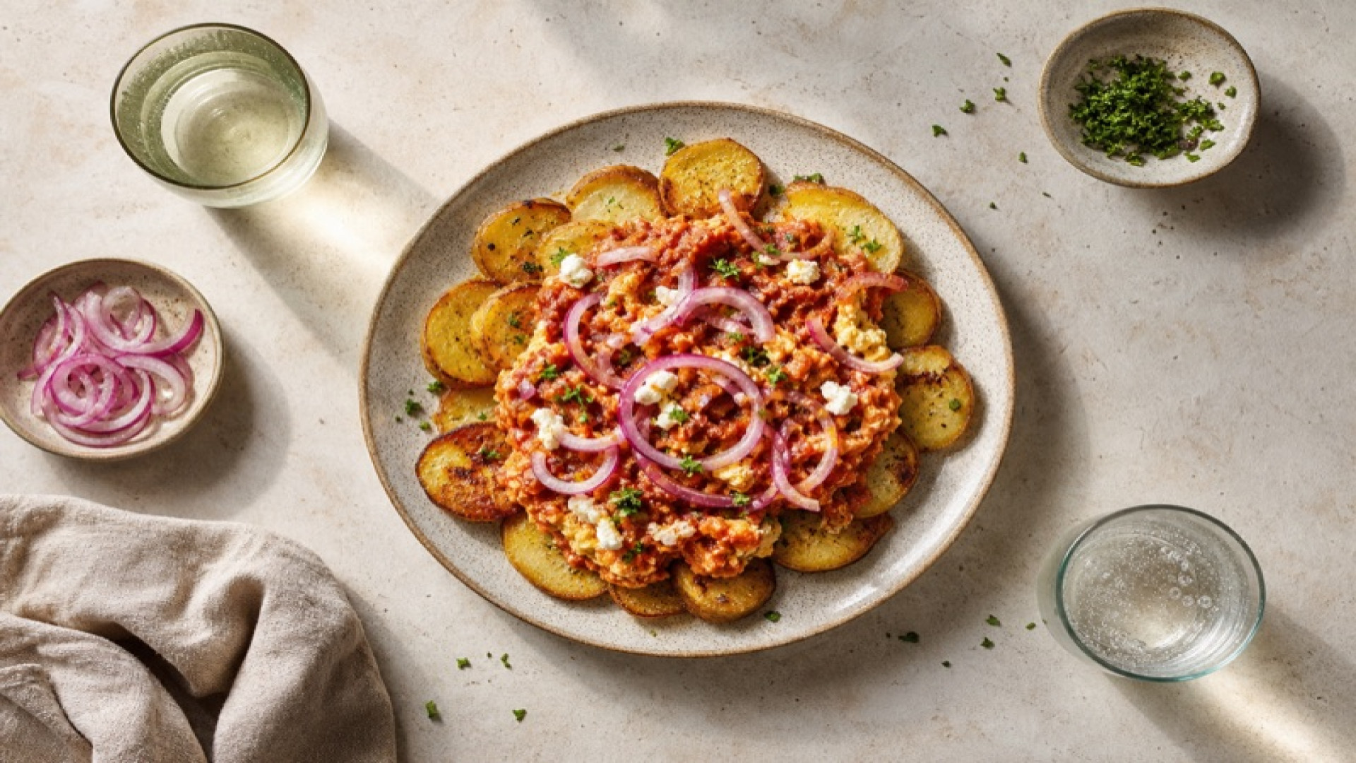 Gebackene Kartoffelscheiben mit Tomatenmark-Ei und Roten Zwiebeln