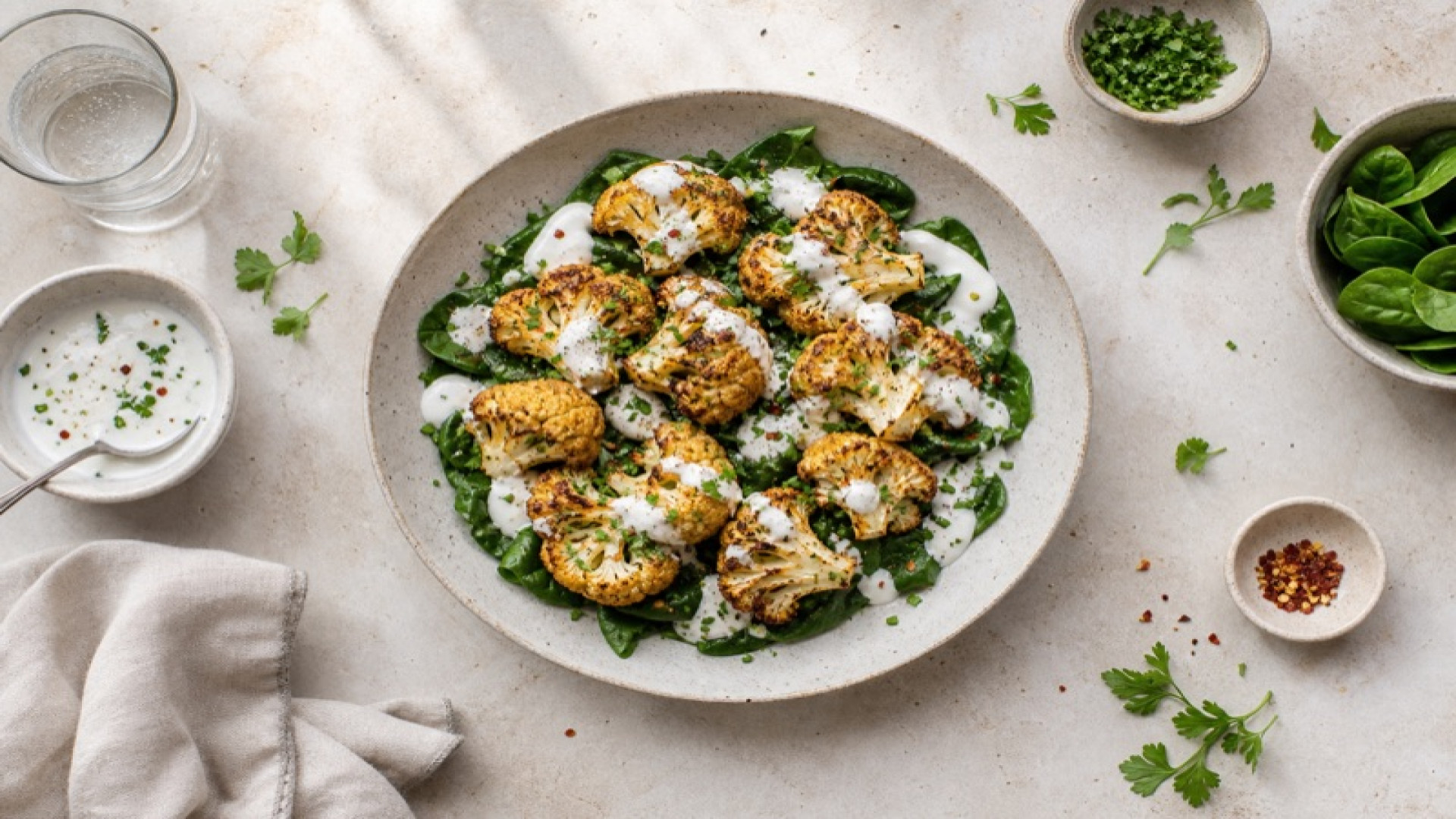 Gebackener Blumenkohl auf Spinat-Bett mit Joghurt-Knoblauch-Dressing