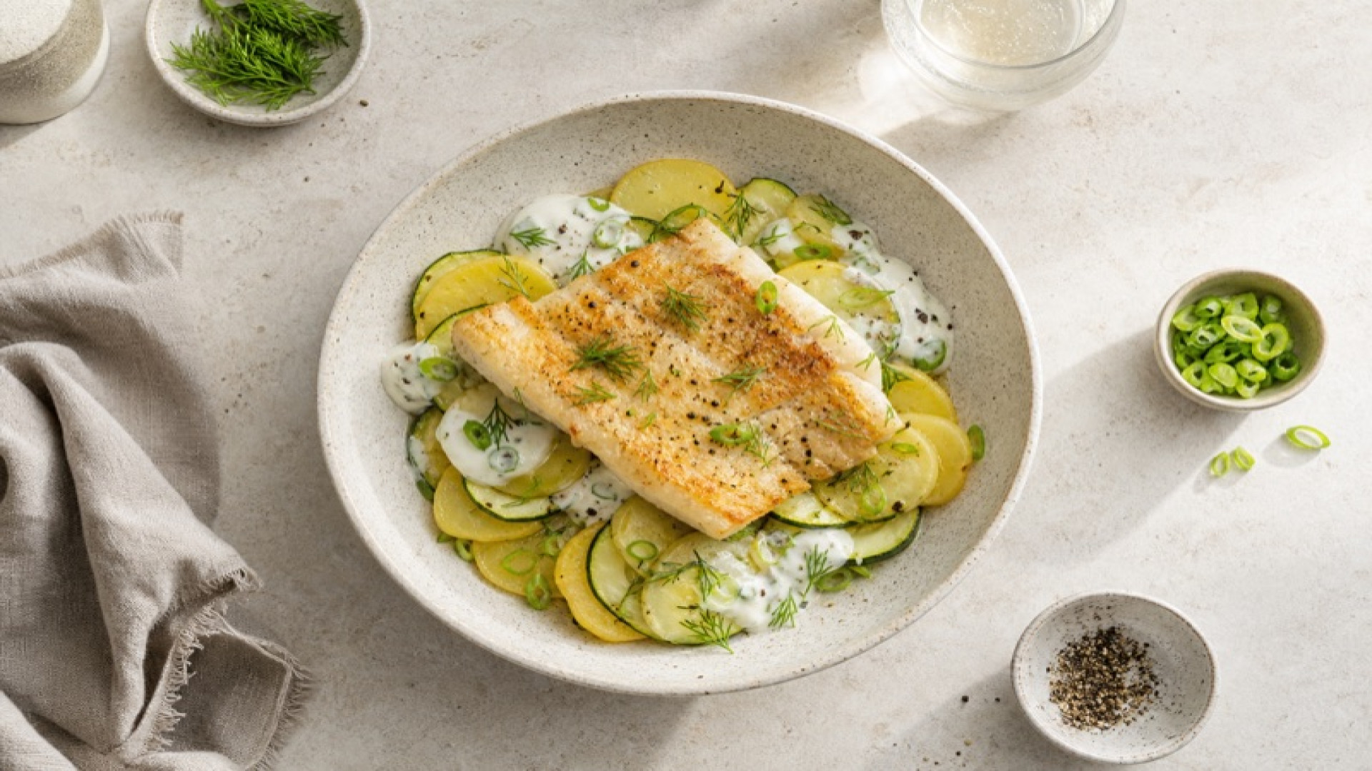 Gebackener Goldbutt auf Kartoffel-Zucchini-Bowl mit Joghurt