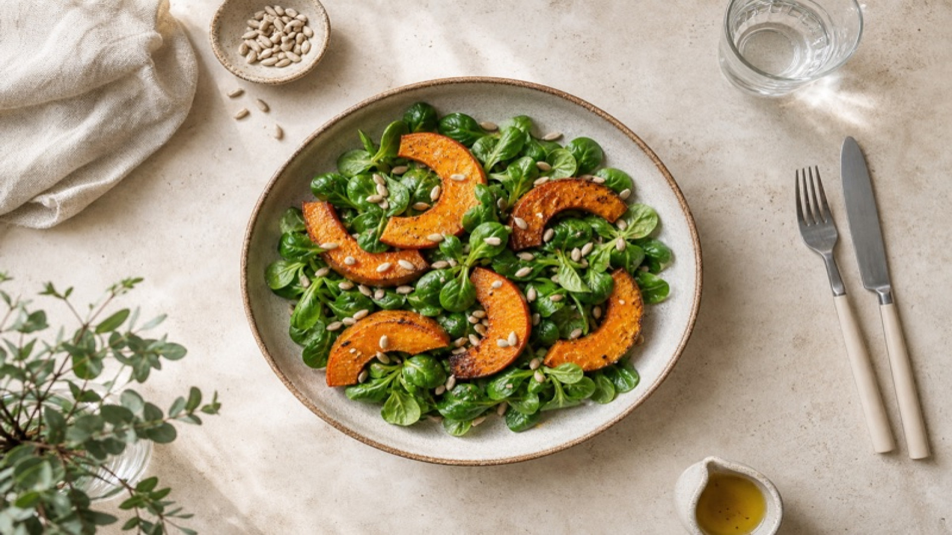 Gebackener Hokkaido mit Feldsalat und Sonnenblumenkernen