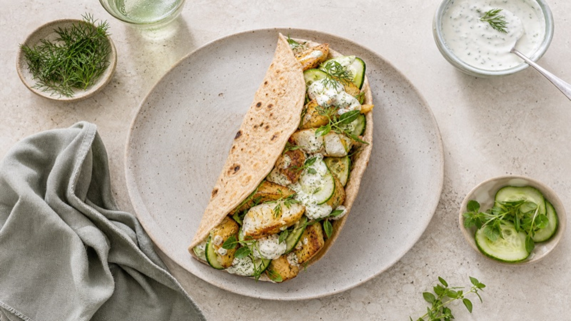 Gebackener Kartoffel-Flunder-Wrap mit Gurke und Kräuterjoghurt