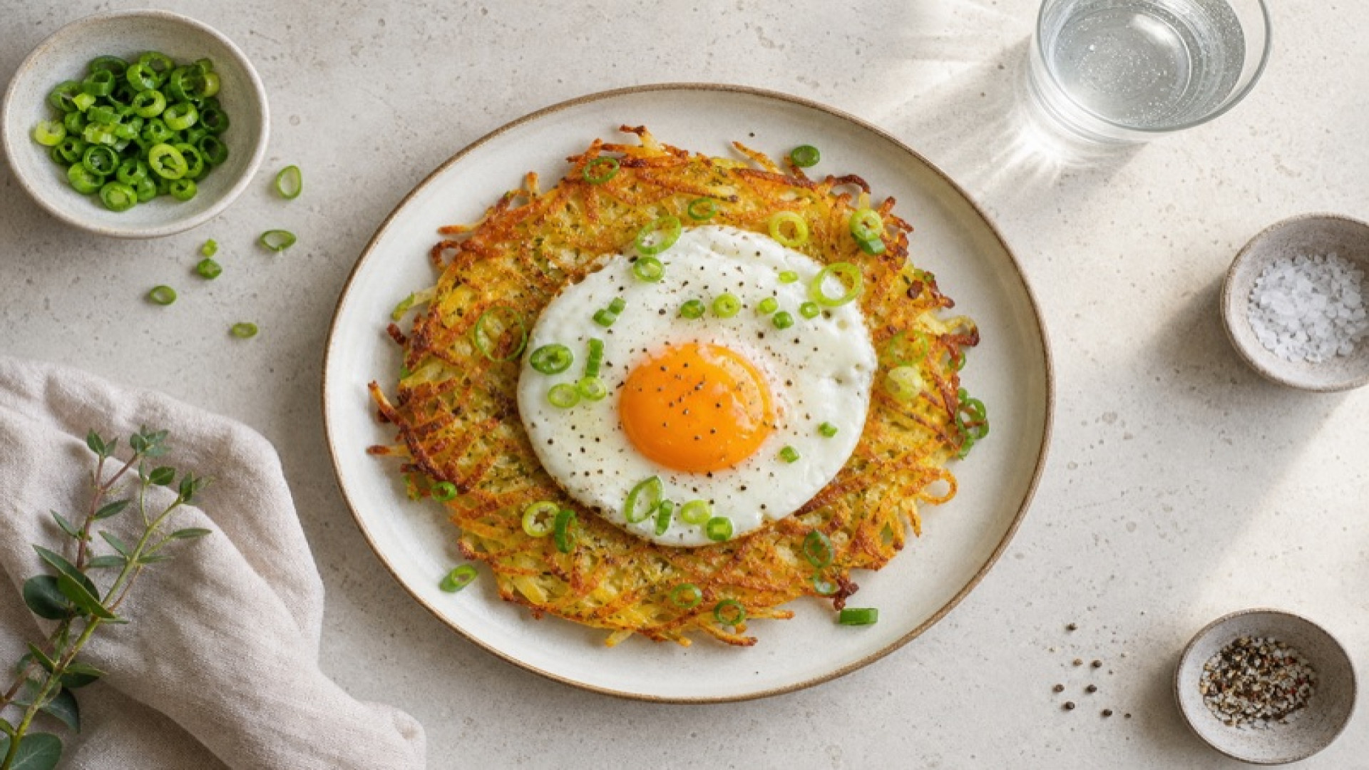 Gebackener Kartoffelrösti-Teller mit Spiegelei und Frühlingszwiebeln