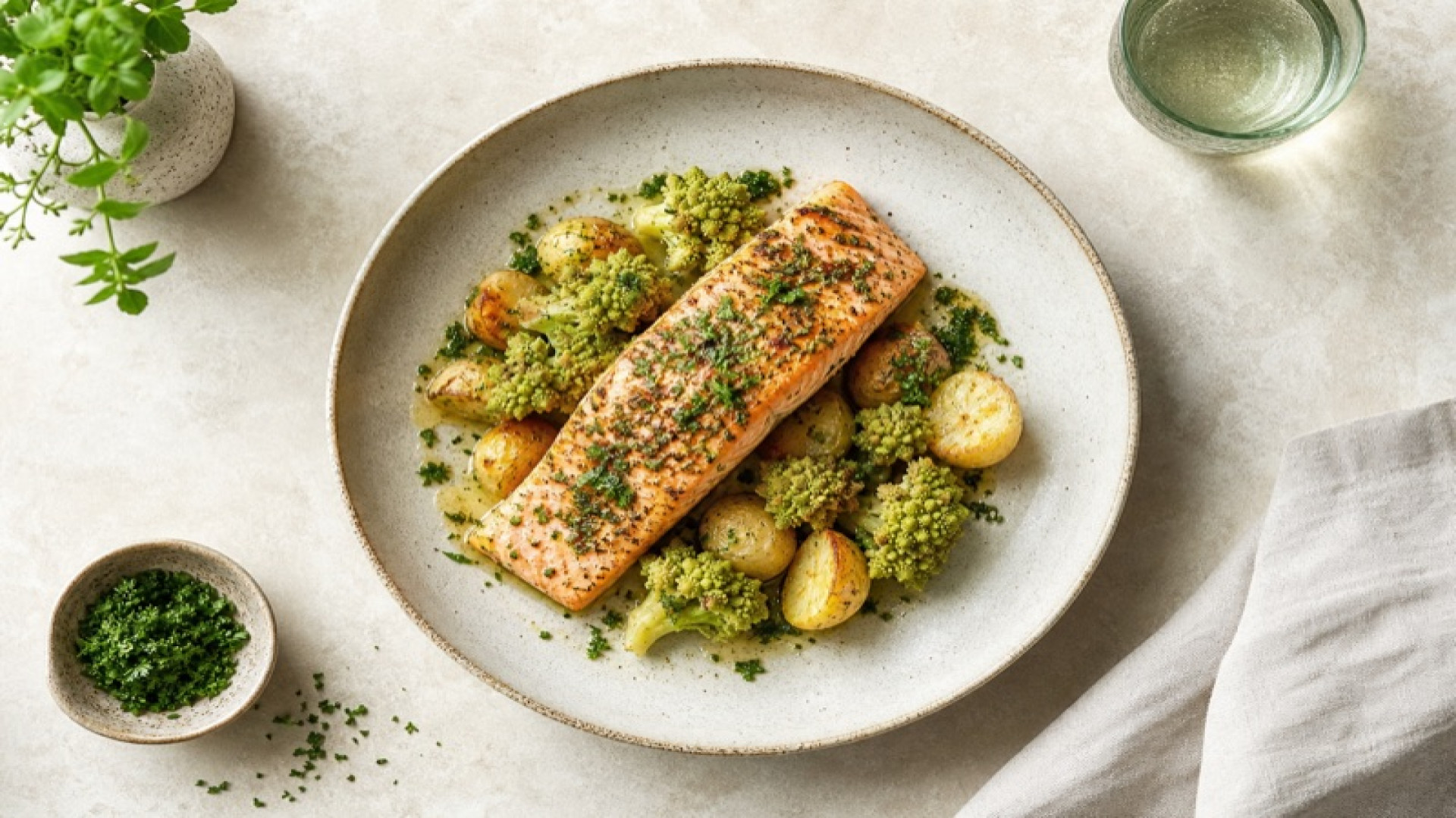 Gebackener Lachs mit Kartoffeln und Romanesco
