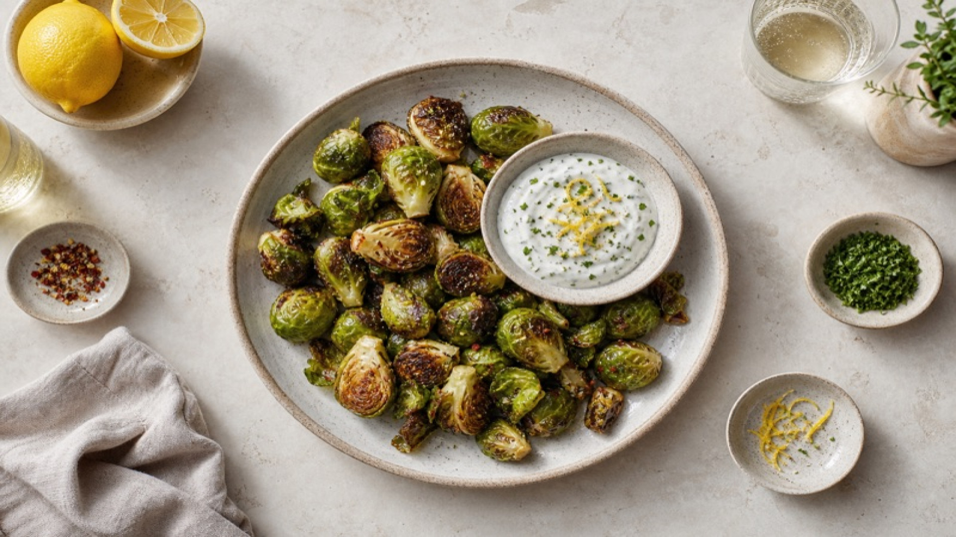 Gebackener Rosenkohl mit Joghurt-Zitronendip