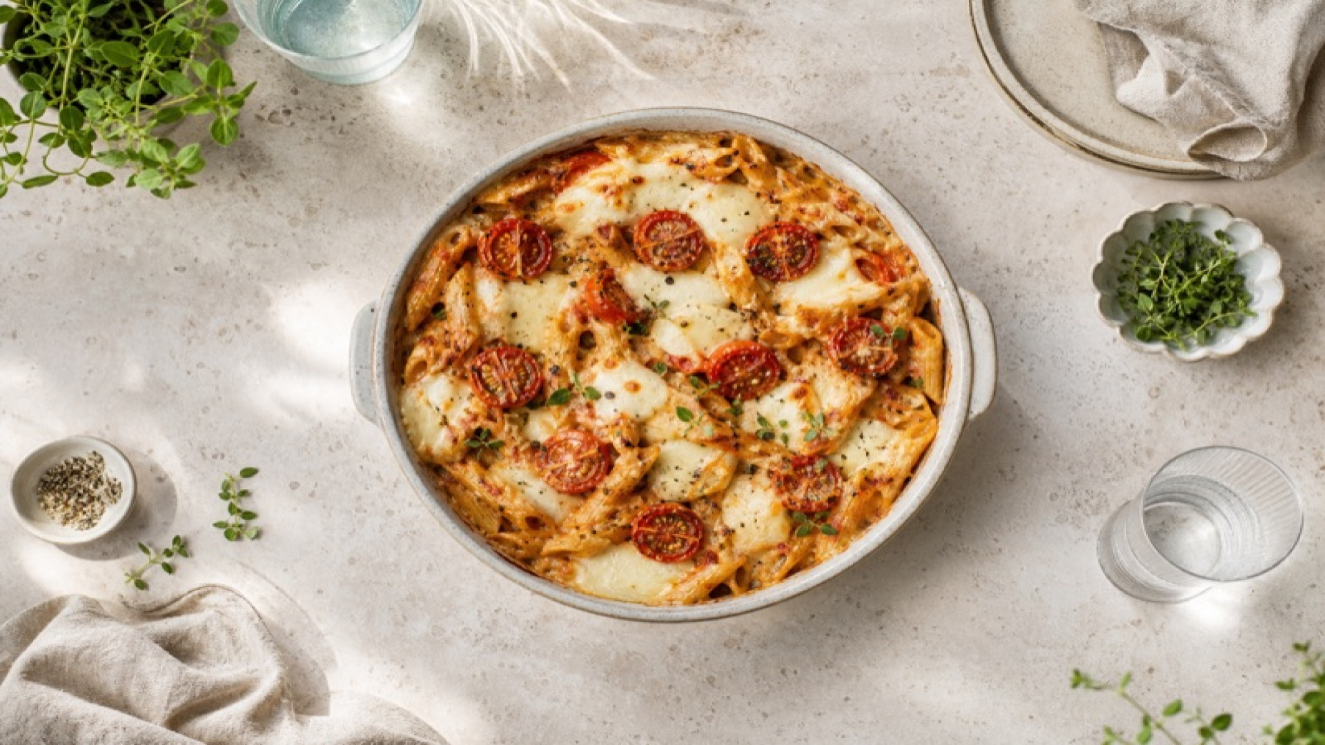 Gebackene Vollkornnudeln mit Mozzarella und Cherrytomaten