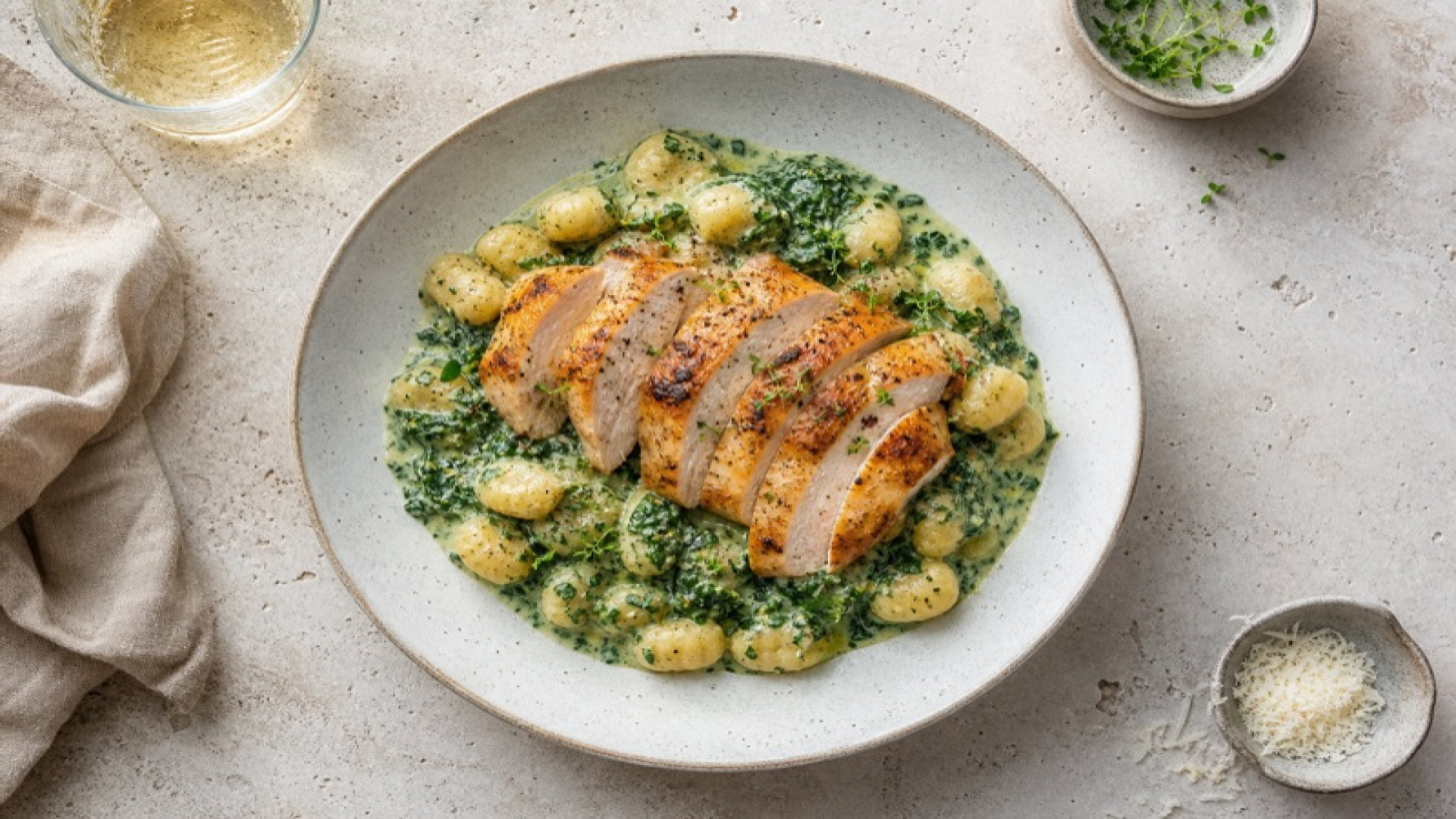 Gebratene Hähnchenbrust mit Gnocchi und Spinat-Ingwer-Sauce