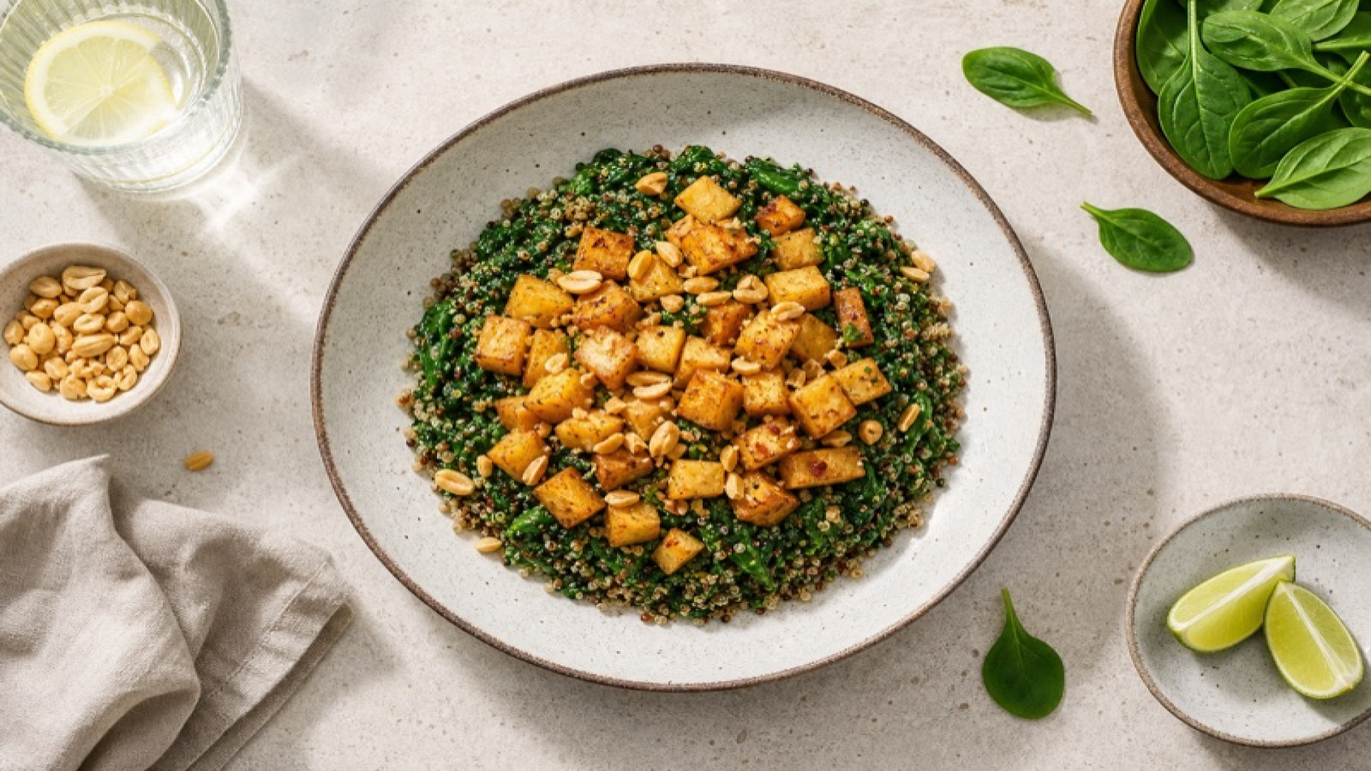 Gebratene Kartoffelwürfel auf Spinat-Quinoa-Bett mit Erdnuss