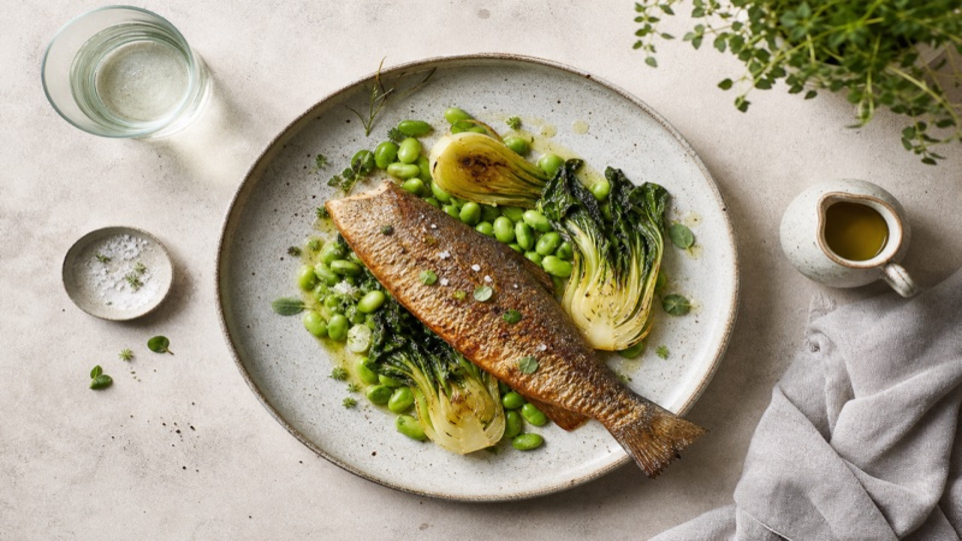 Gebratener Bachsaibling mit Edamame und geröstetem Pak-Choi