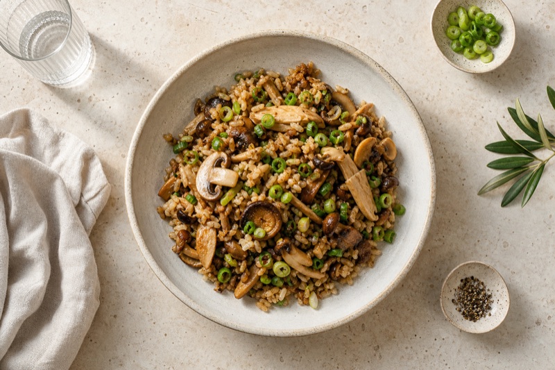 Gebratener Braunreis mit Mischpilzen und Frühlingszwiebeln