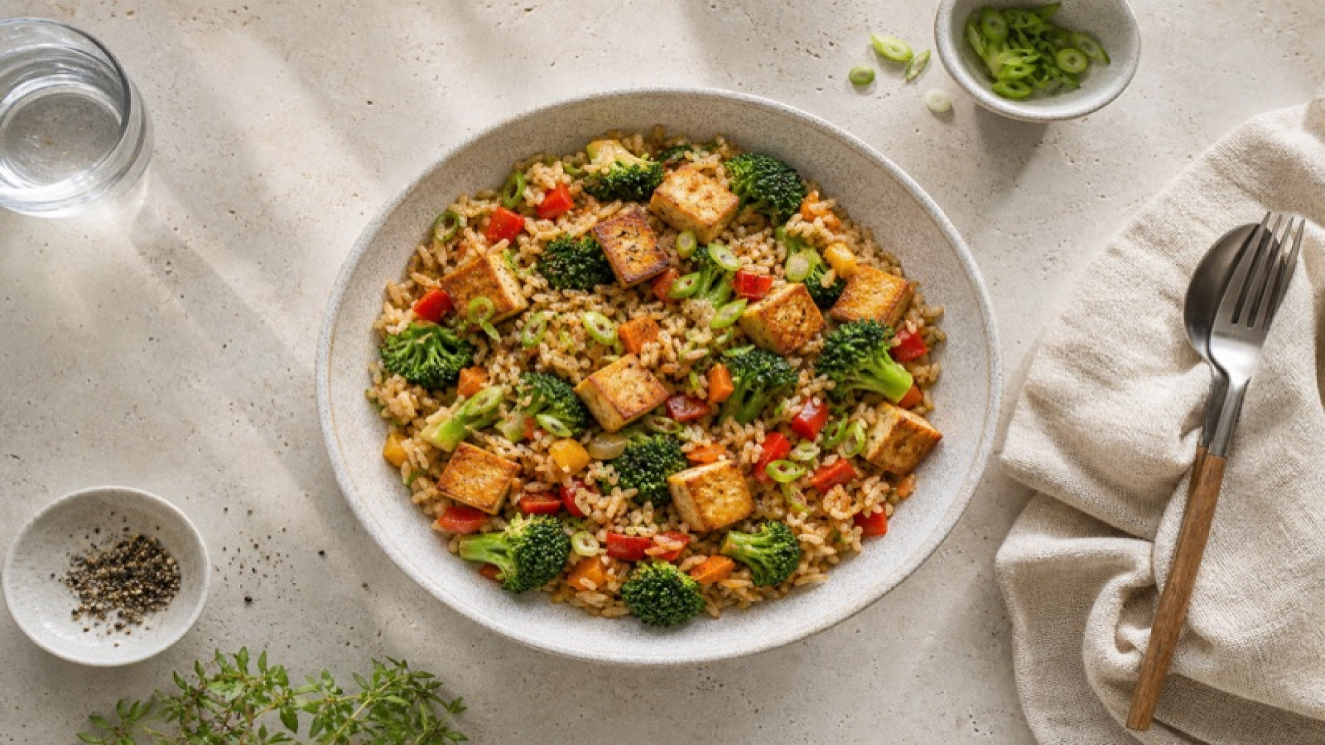 Gebratene Reispfanne mit Broccoli und gebackenem Tofu