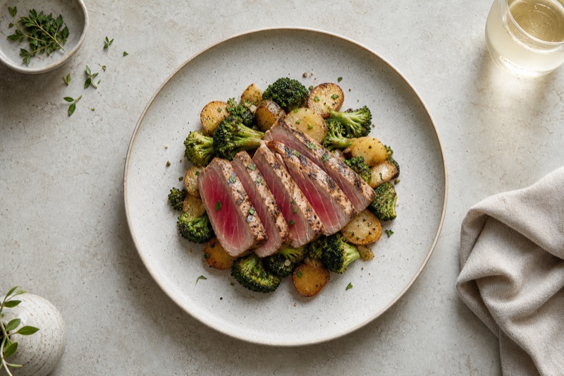 Gebratener Gelbflossen-Thun auf Kartoffel-Broccoli-Bett