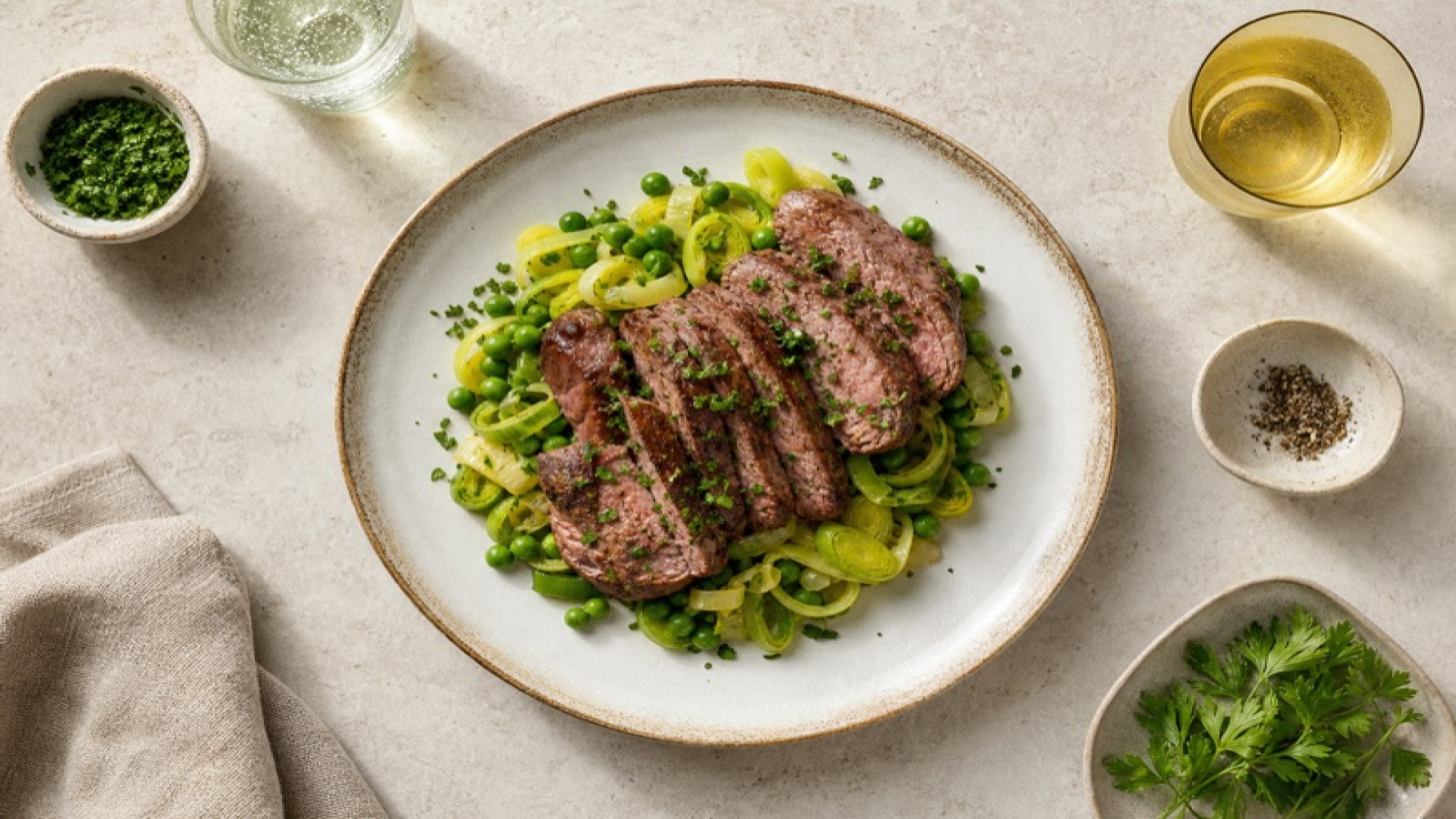 Gebratene Rind-Hüfte mit gedünstetem Lauch und Erbsen