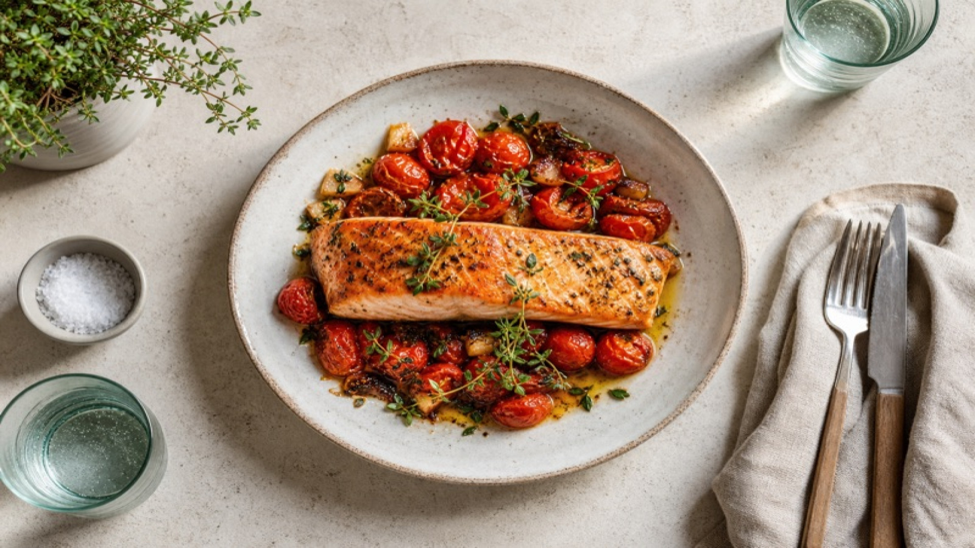 Gebratener Königslachs mit gebackenen Tomaten und Knoblauch