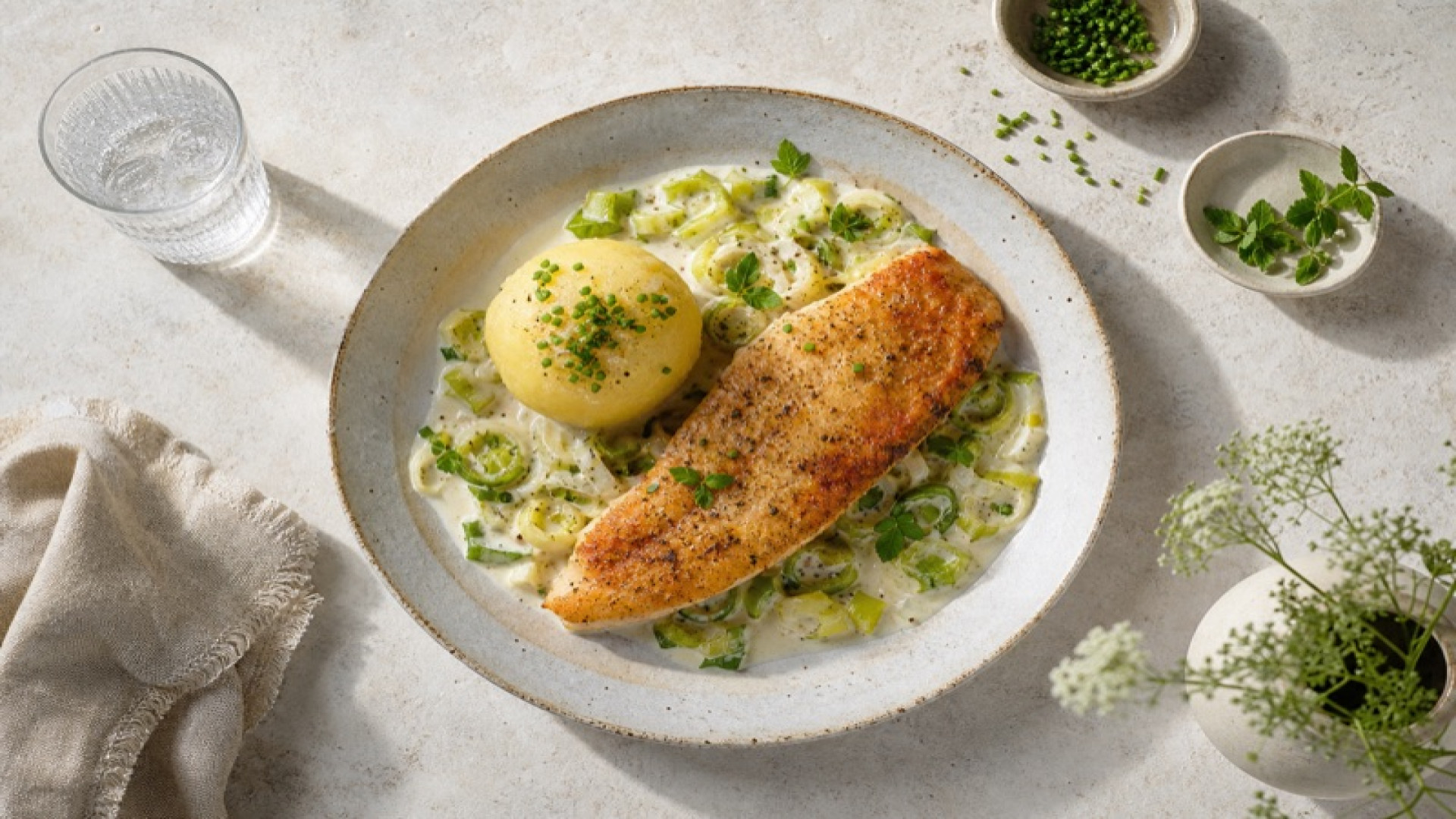 Gebratener Pangasius mit Kartoffelkloß und Porree