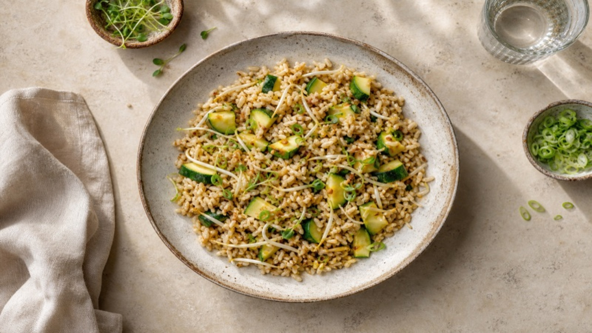 Gebratener Parboiled Reis mit Zucchini und Mungobohnensprossen