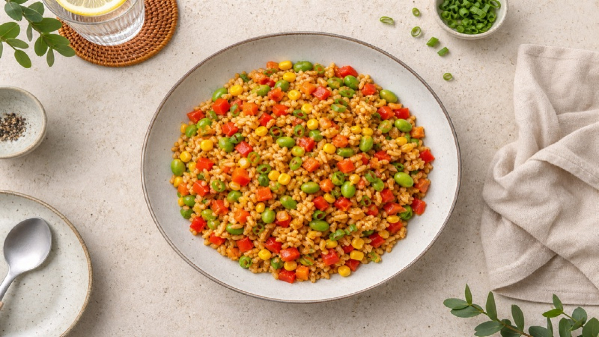 Gebratener Reis mit Mais, Paprika und Sojakernen