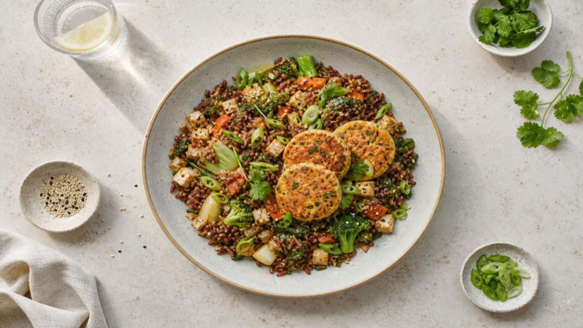 Gebratener Roter Reis mit asiatischem Gemüse und Tofu-Bratlingen