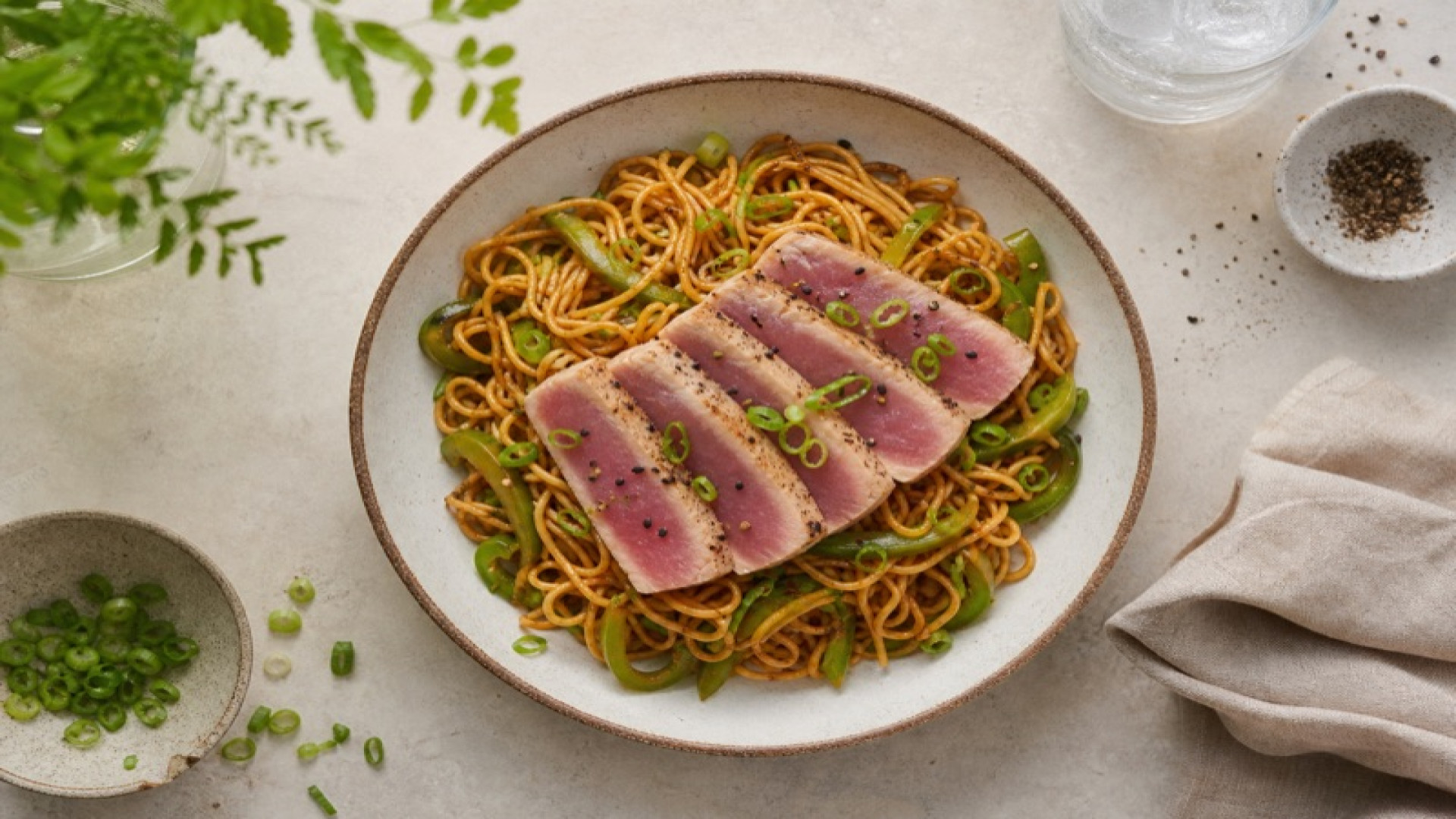 Gebratener Thunfisch auf Mie-Nudeln mit grüner Paprika